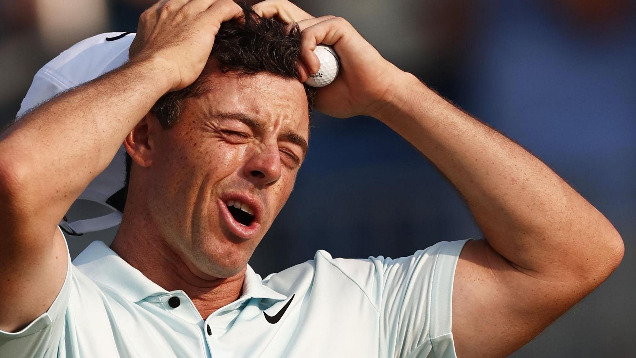 Rory McIlroy reacts to missing a putt in the final round of the 2024 US Open