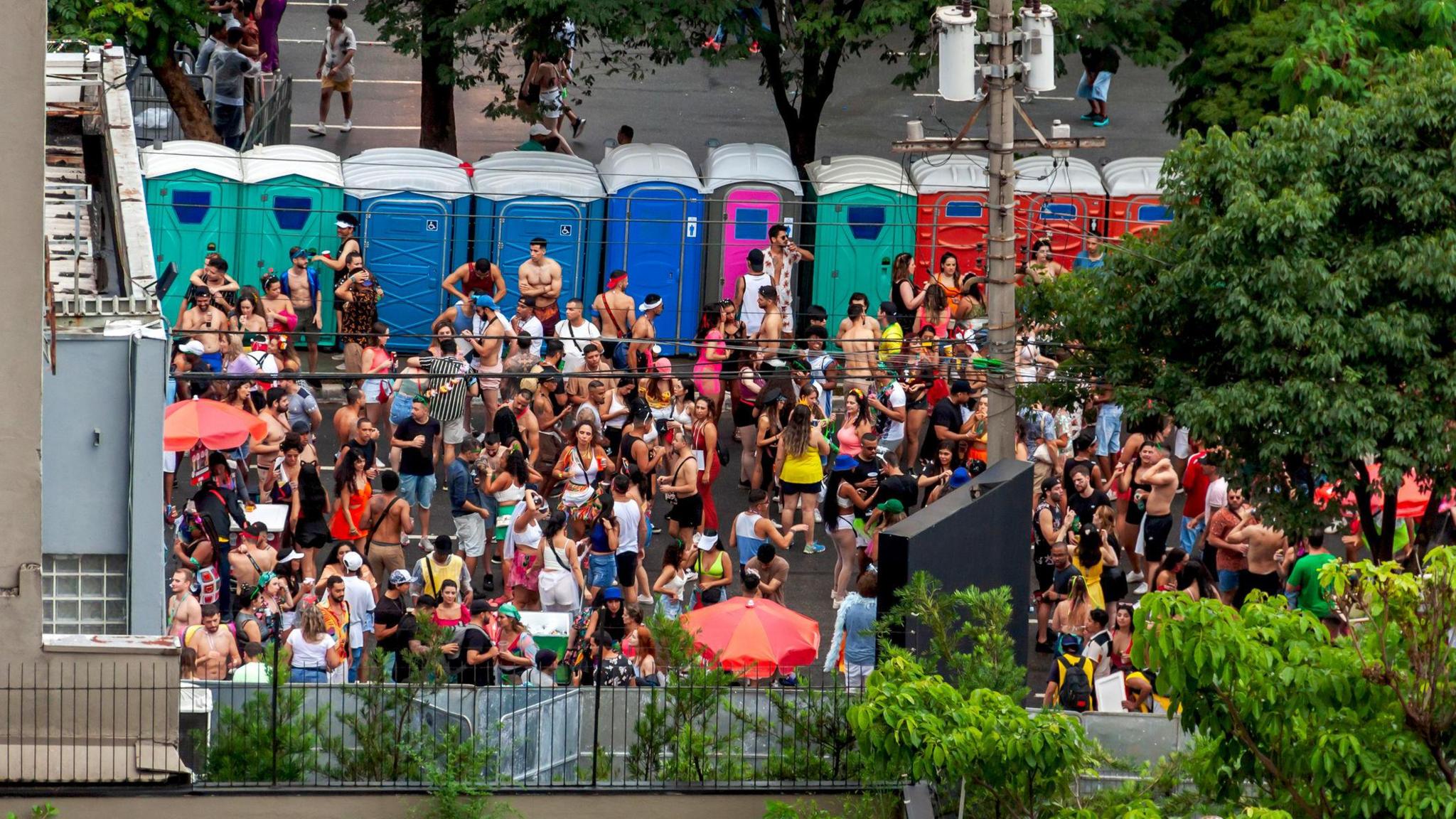 A crowd of people outside portable toilets at a festival.