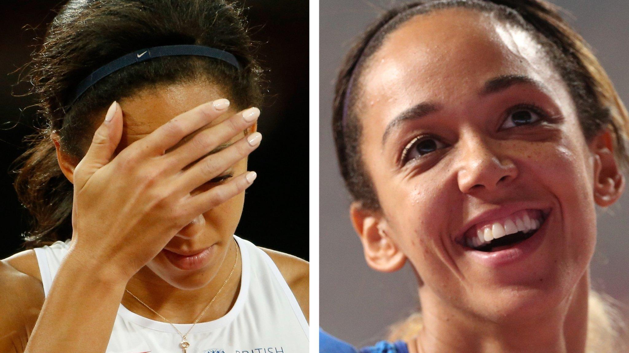 Split image of Katarina Johnson-Thompson at the 2015 and 2019 World Athletics Championships