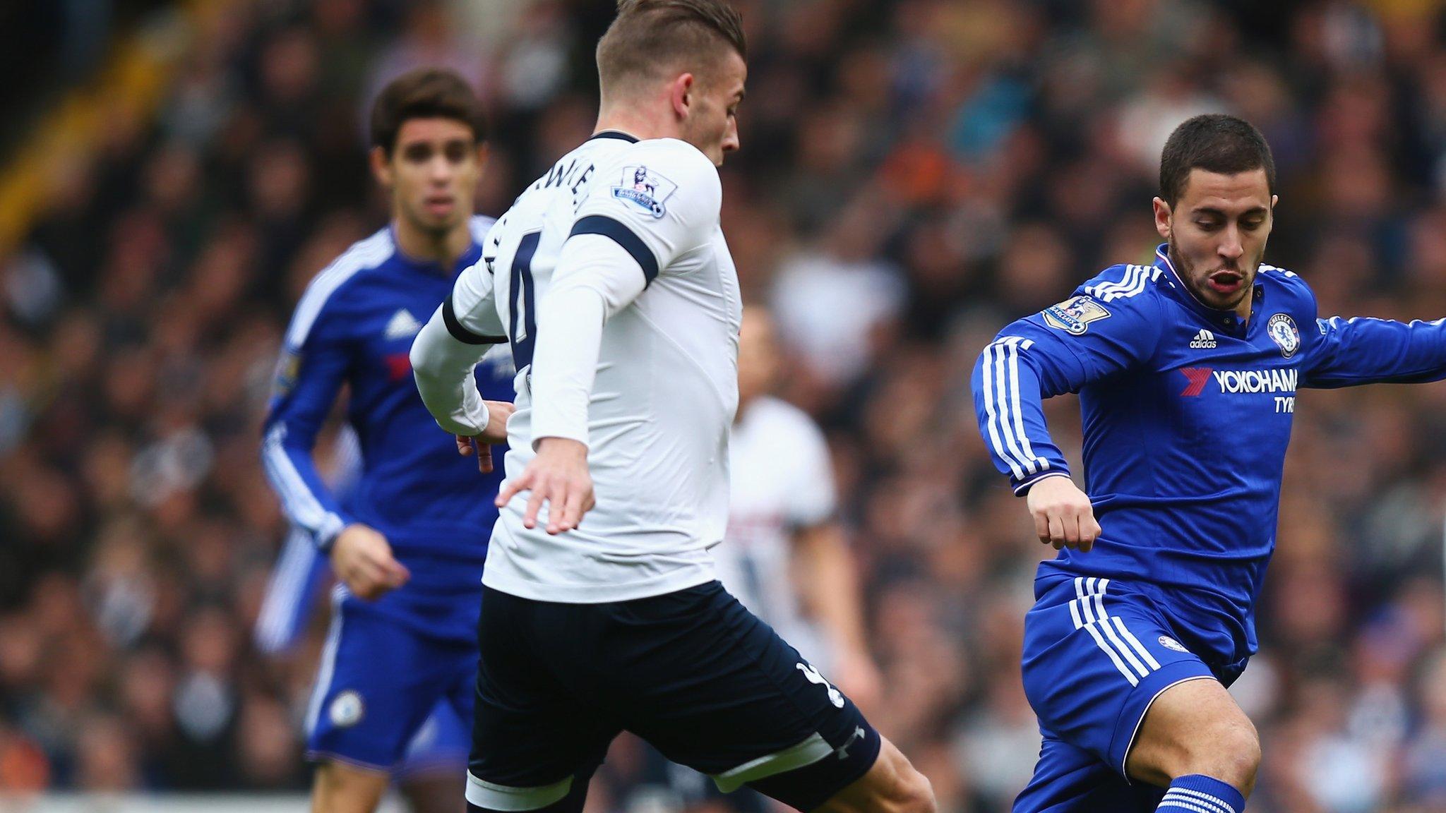 Eden Hazard of Chelsea takes on Toby Alderweireld