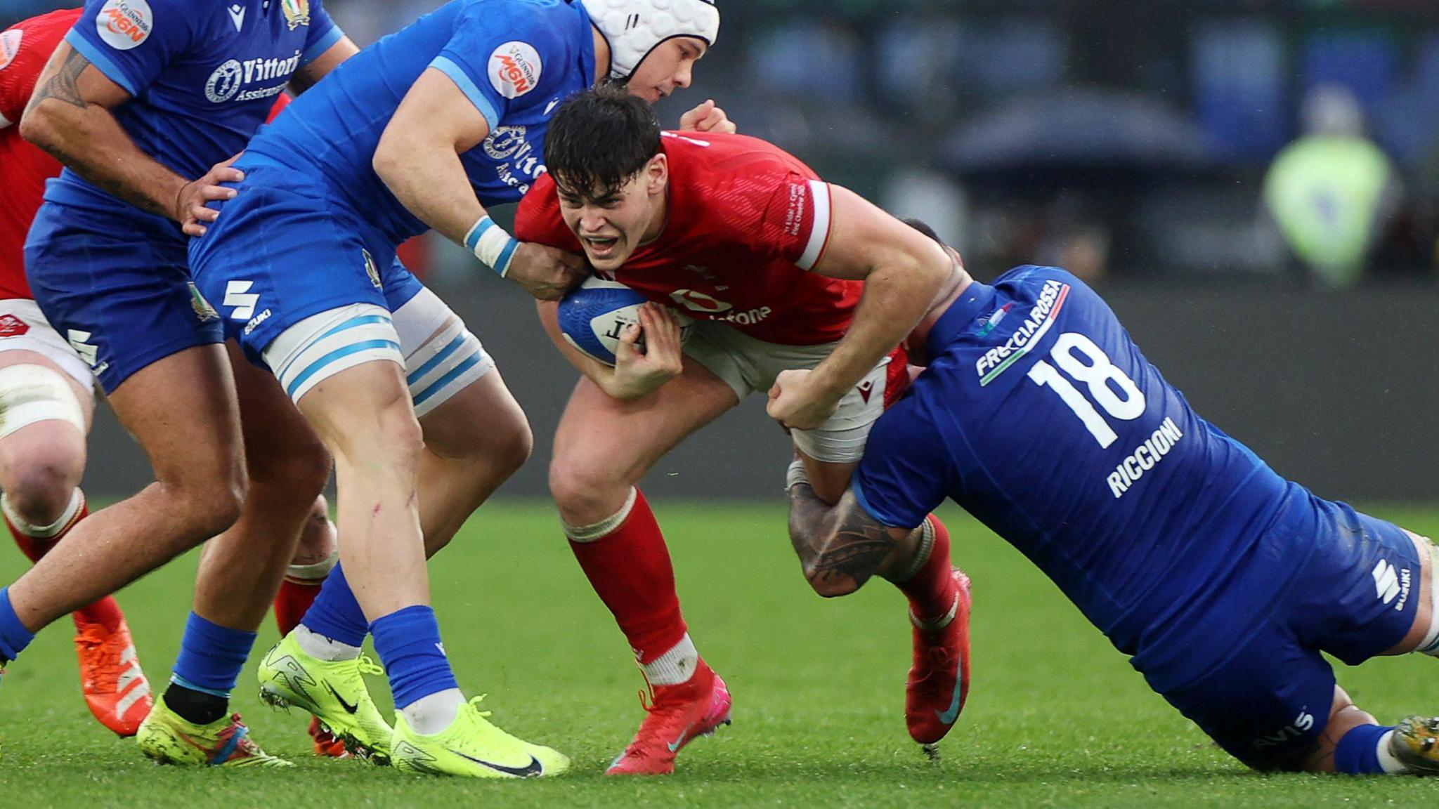 Eddie James carries the ball for Wales against Italy in Rome