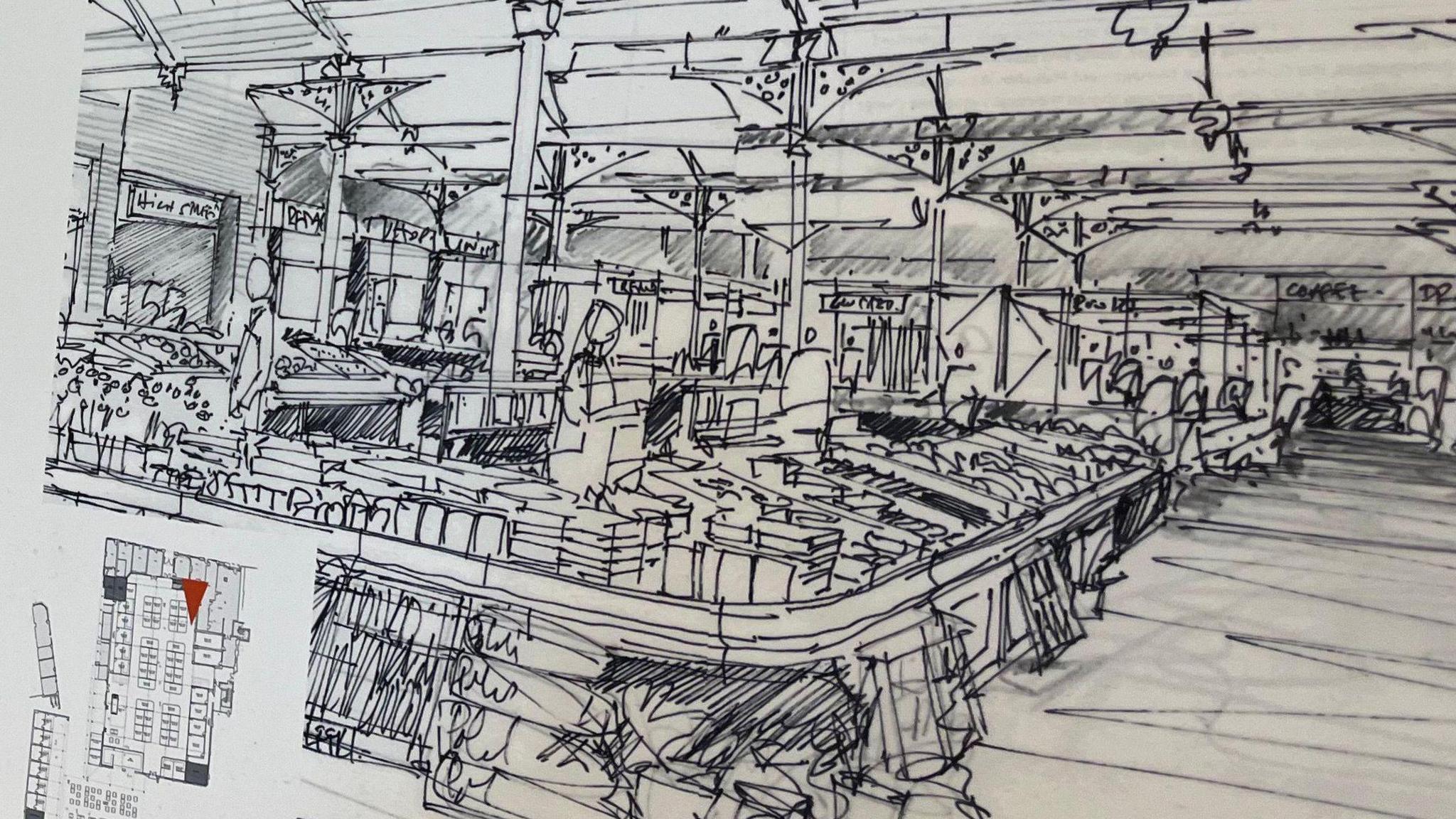 A drawing of the layout from council consultation materials. It shows low display surfaces, apparently set out in a rectangle, facing out into the market hall with traders in the middle facing out.