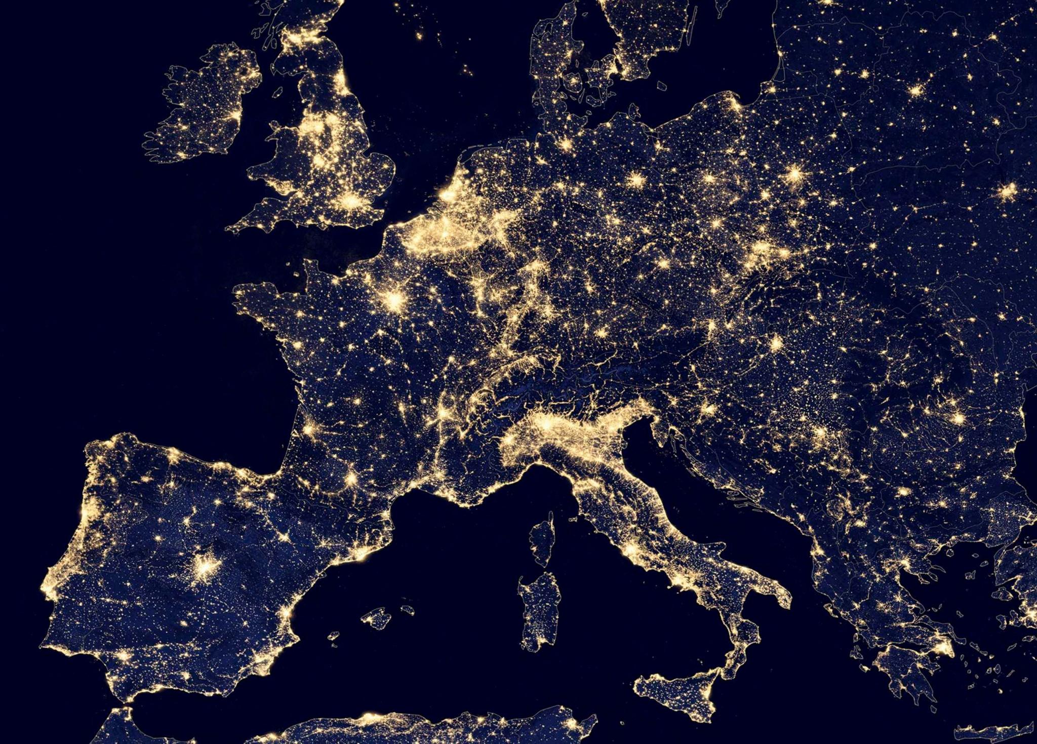 Europe at night from space showing electric lights