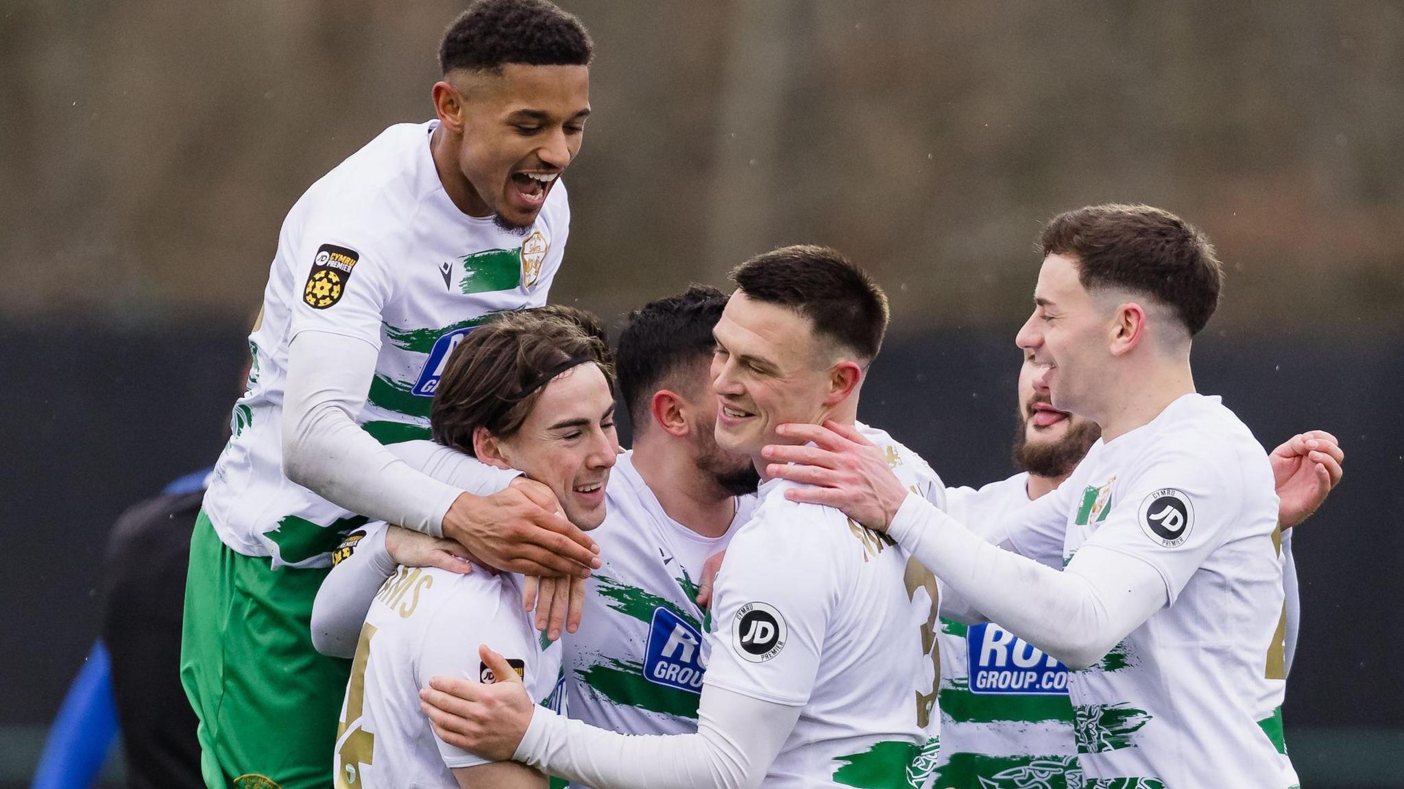 New Saints players celebrate Ryan Brobbel's goal against Penybont.