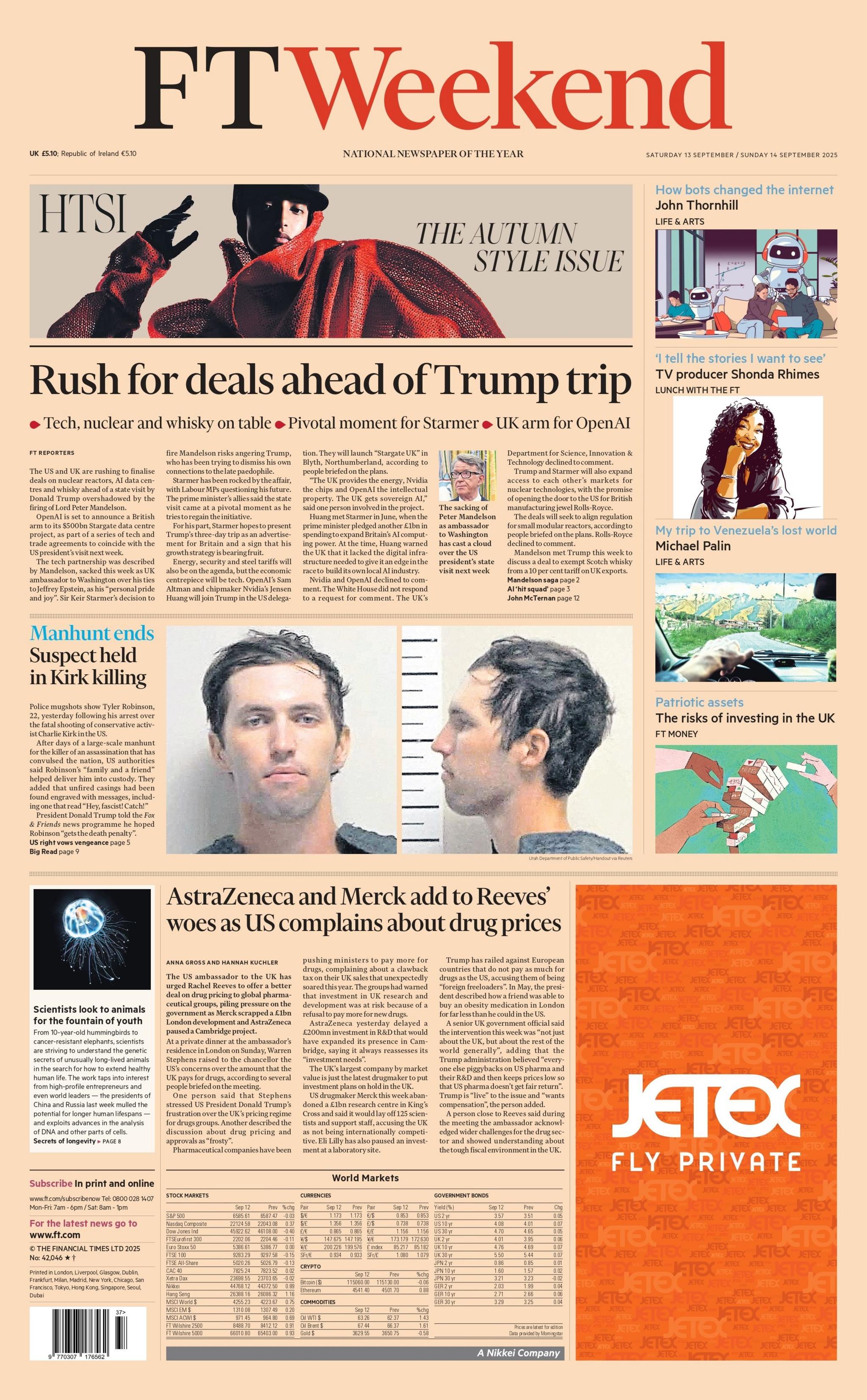 The headline on the front page of the Financial Times reads: "Rush for deals ahead of Trump trip".