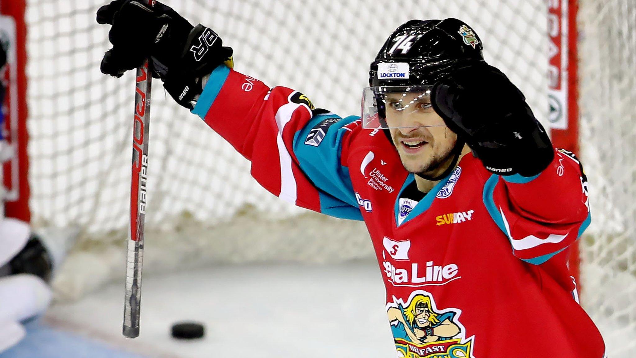 Jonathan Ferland celebrates a Giants goal against Fife Flyers