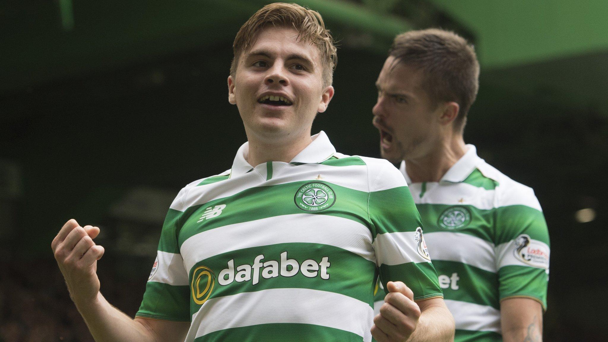 Celtic's James Forrest and Mikael Lustig celebrate