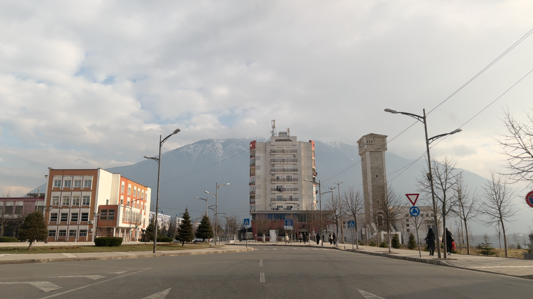 Image of Kukës in winter, buildings and roads and mountains