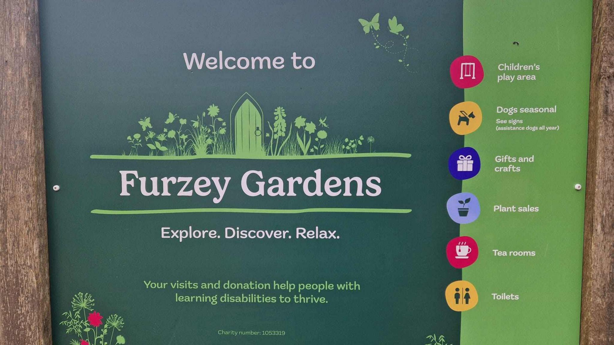 Sign for Furzey Garden explaining that the visits and donations help people with learning disabilities to thrive.