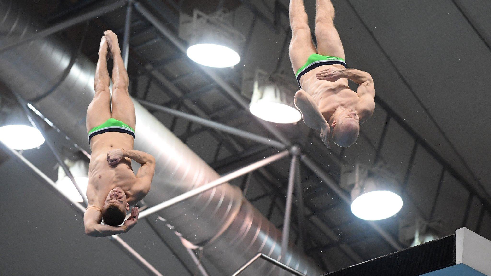 Timo Barthel and Florian Fandler of Germany compete in the Men's 10m Synchro Platform final during day one of the FINA Diving World Series Fuji at Shizuoka Prefectural Fuji Swimming Pools on March 15, 2018 in Fuji, Shizuoka, Japan. (Photo by Atsushi Tomura/Getty Images)