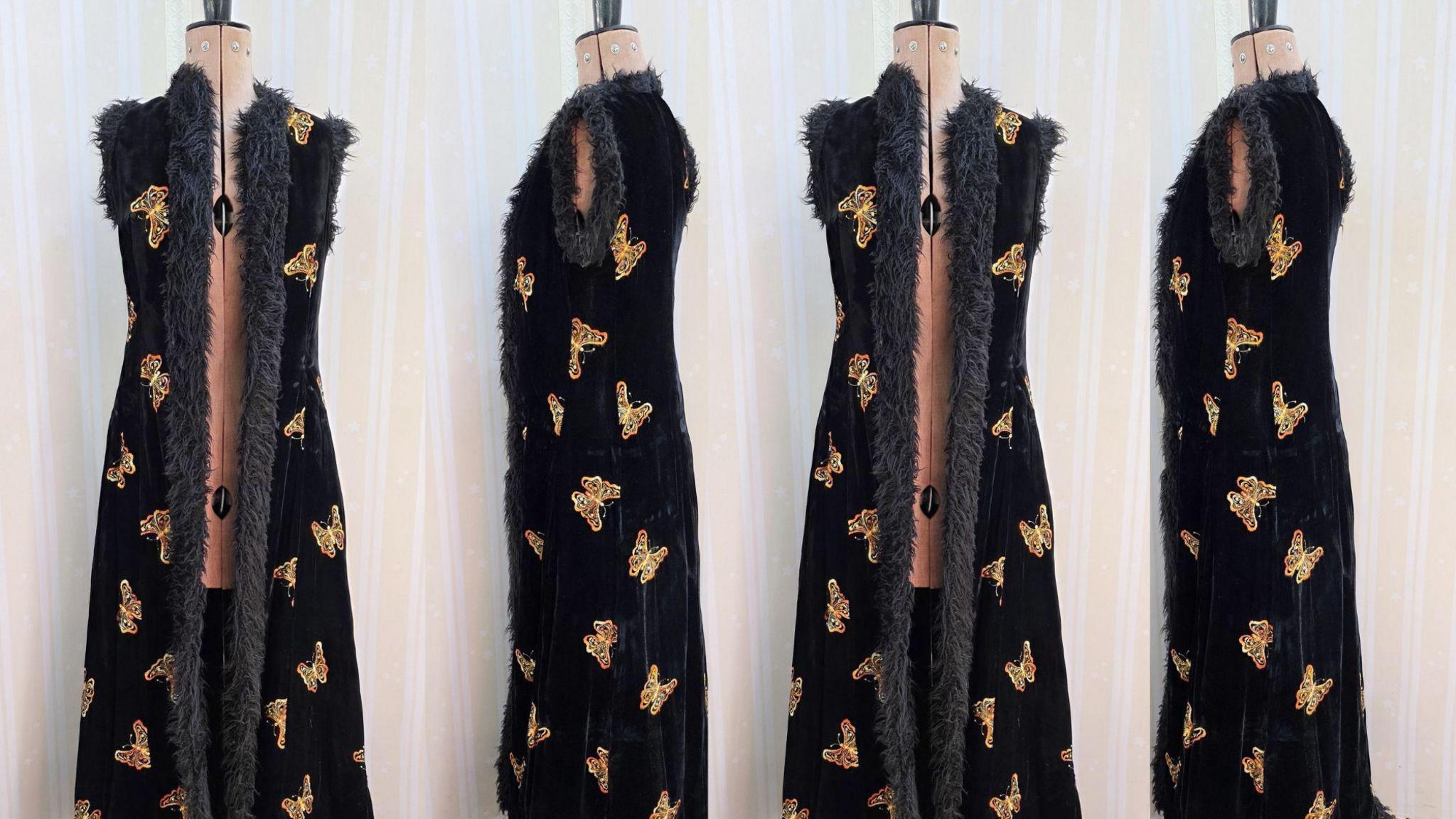A collage of four pictures of the velvel black coat with butterfly embroiding on a manequin. 