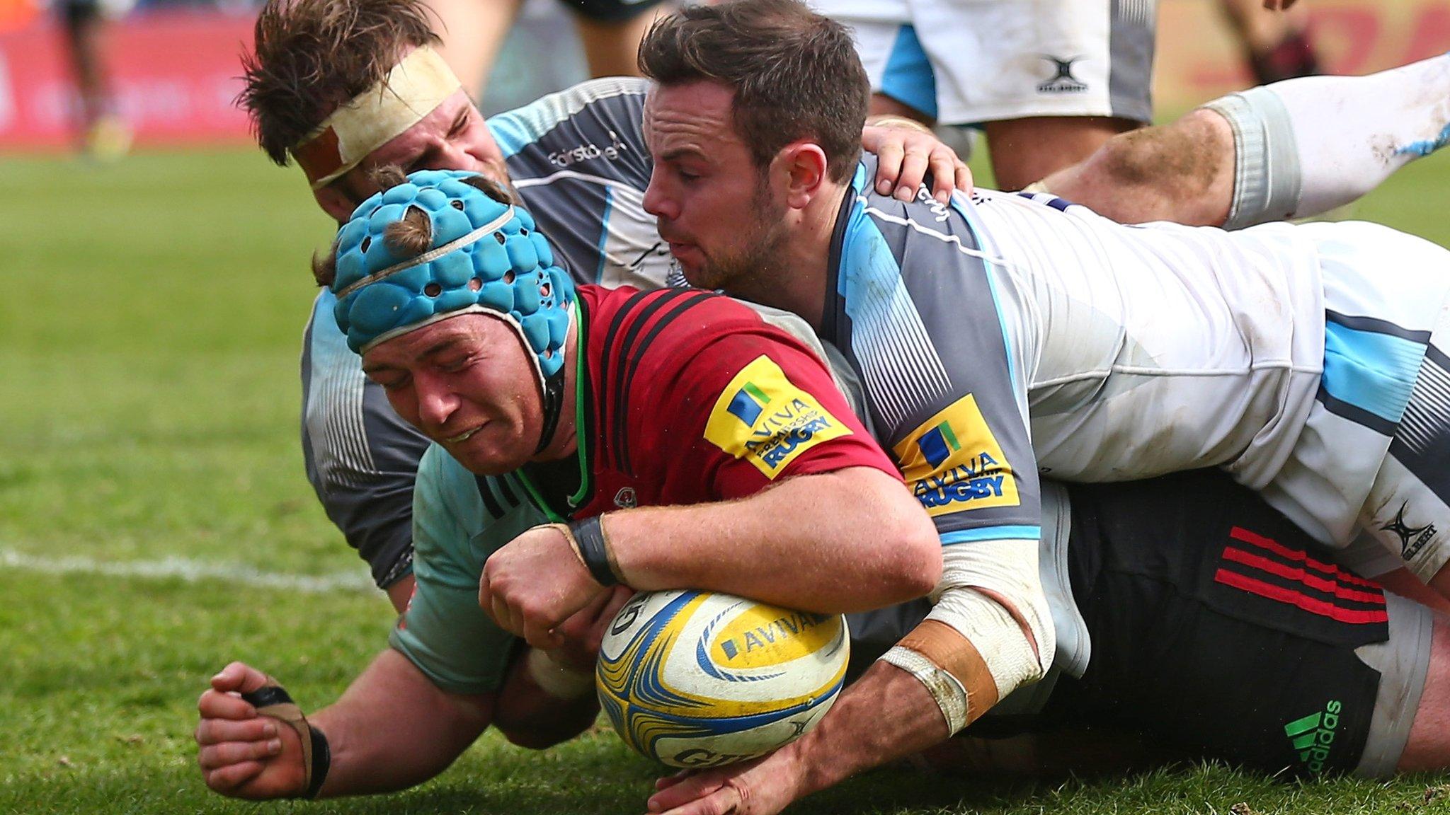 Newcastle's defenders are unable to prevent Joe Gray scoring for Harlequins