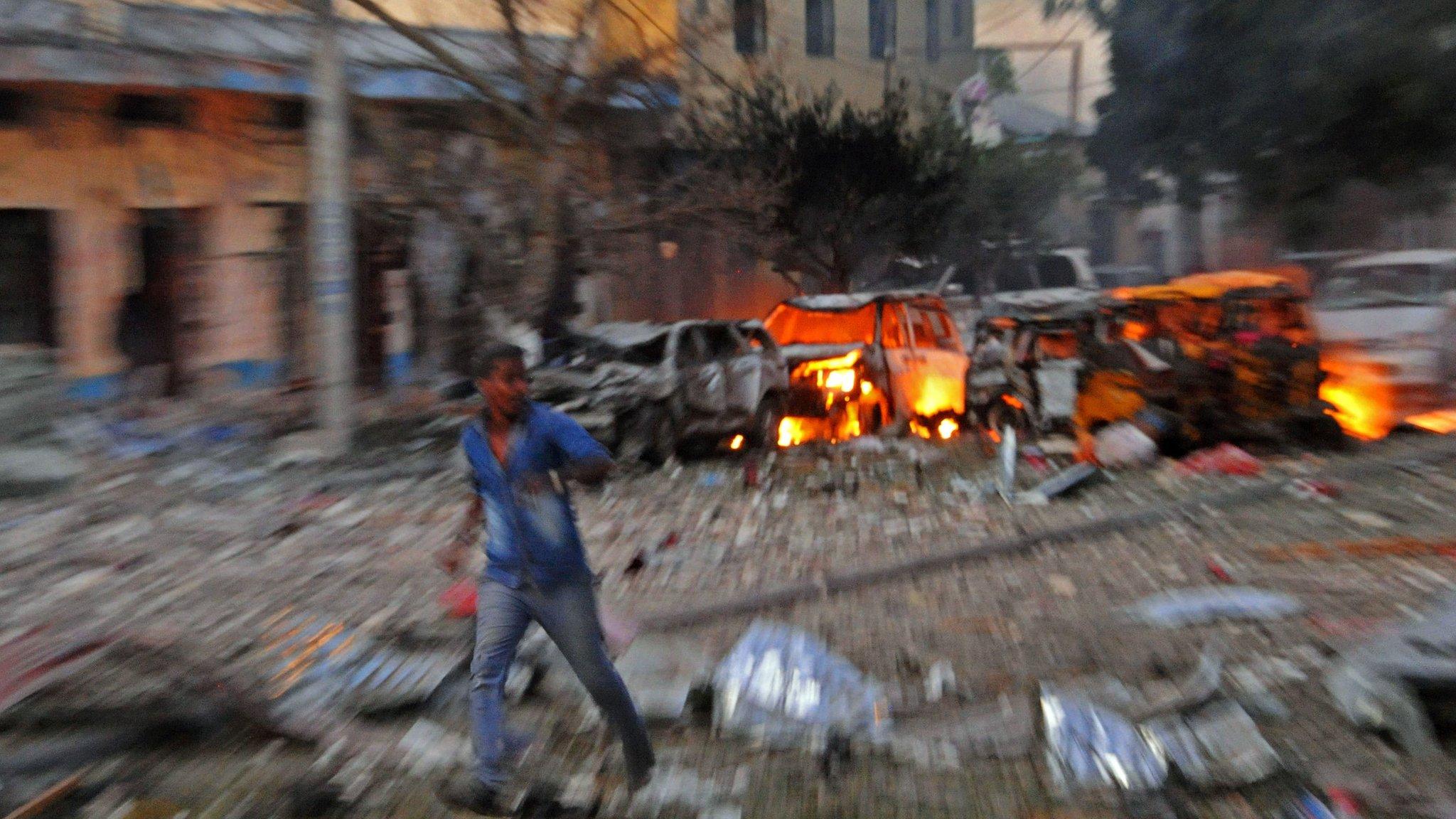 Scene of bomb attack on Ambassador Hotel in Mogadishu on 1 June 2016