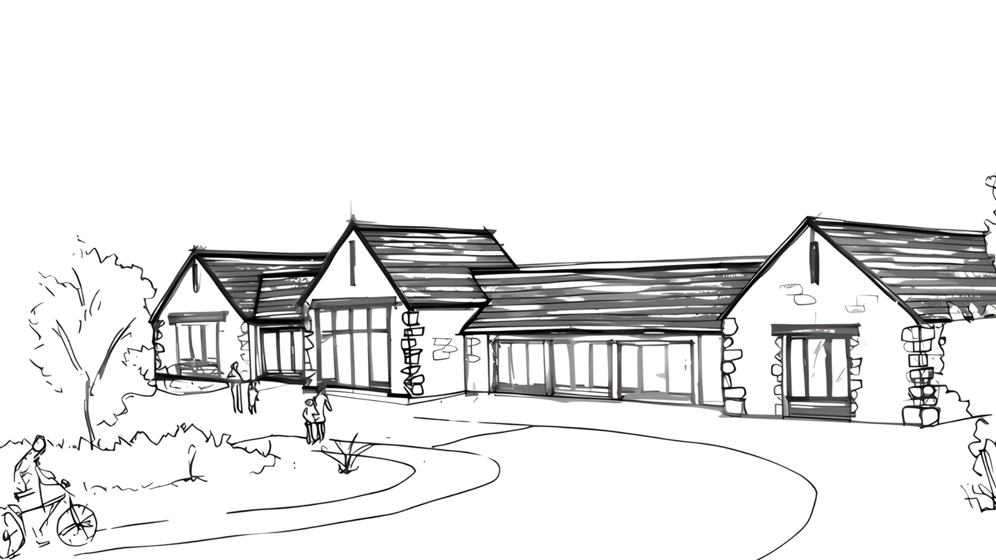 A pencil drawing of the envisioned centre, a long, cozy-looking single-storey building.