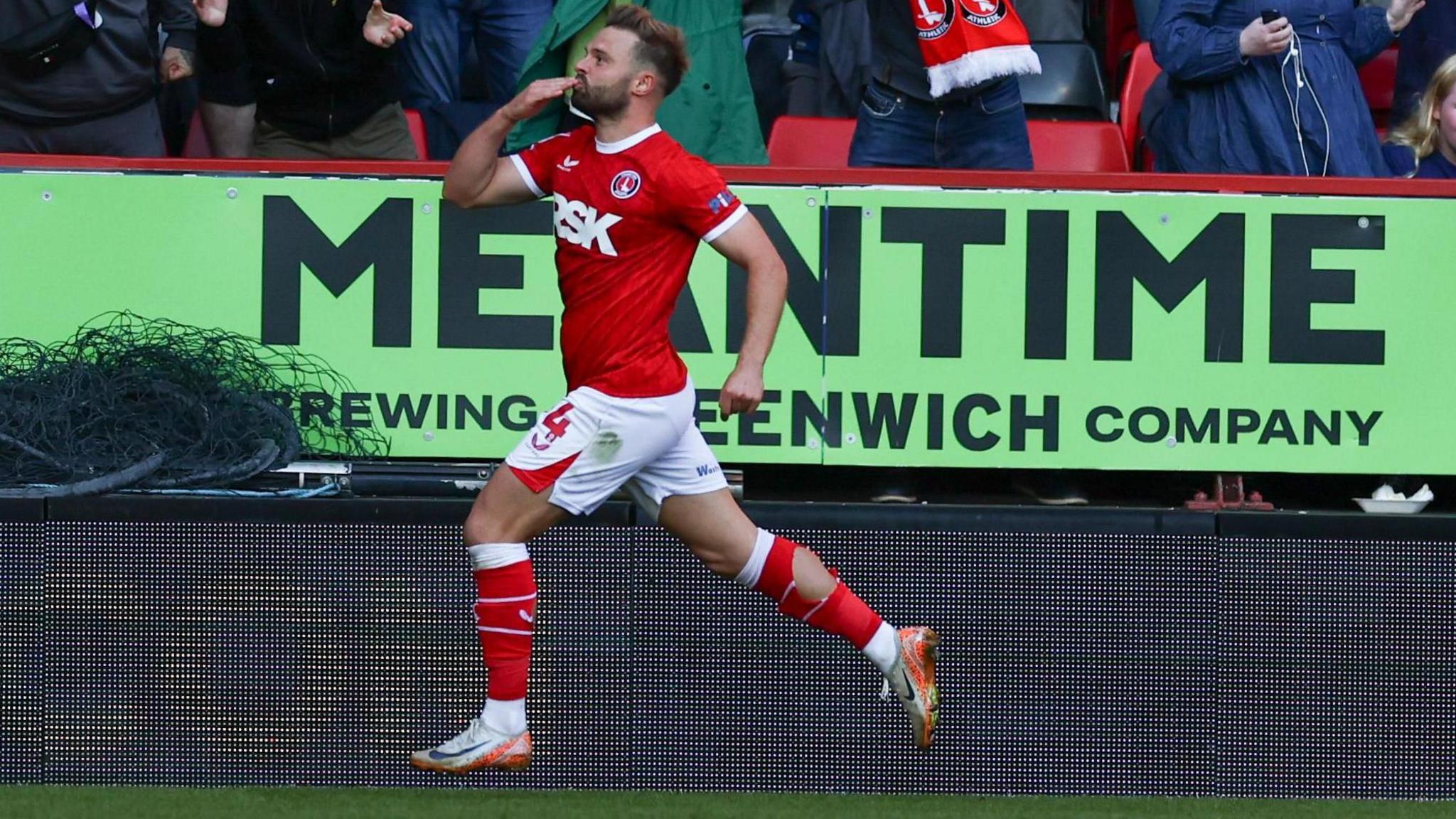 Matty Godden celebrates scoring the only goal of the game for Charlton Athletic against Birmingham City