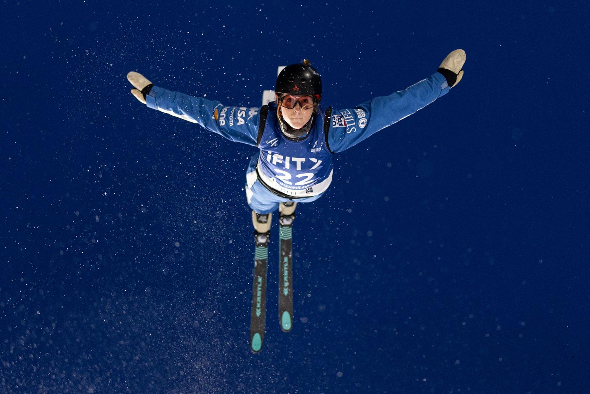 Catherine McEneany of the United States during a training session for the iFit Freestyle Ski FIS Freestyle World Cup aerials at the Lake Placid Olympic Ski Jumping Complex