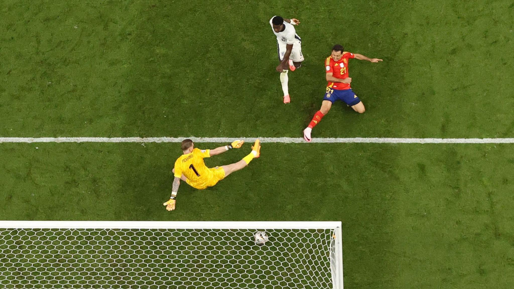 Mikel Oyarzabal scores the winner for Spain against England in the final of Euro 2024
