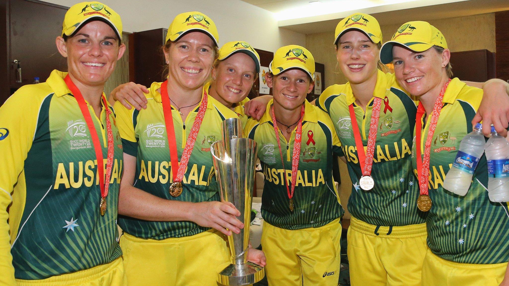 Australia's Erin Osborne, Alex Blackwell, Alyssa Healy, Julie Hunter, Ellyse Perry and Jess Cameron with the Women's World T20 trophy in 2014