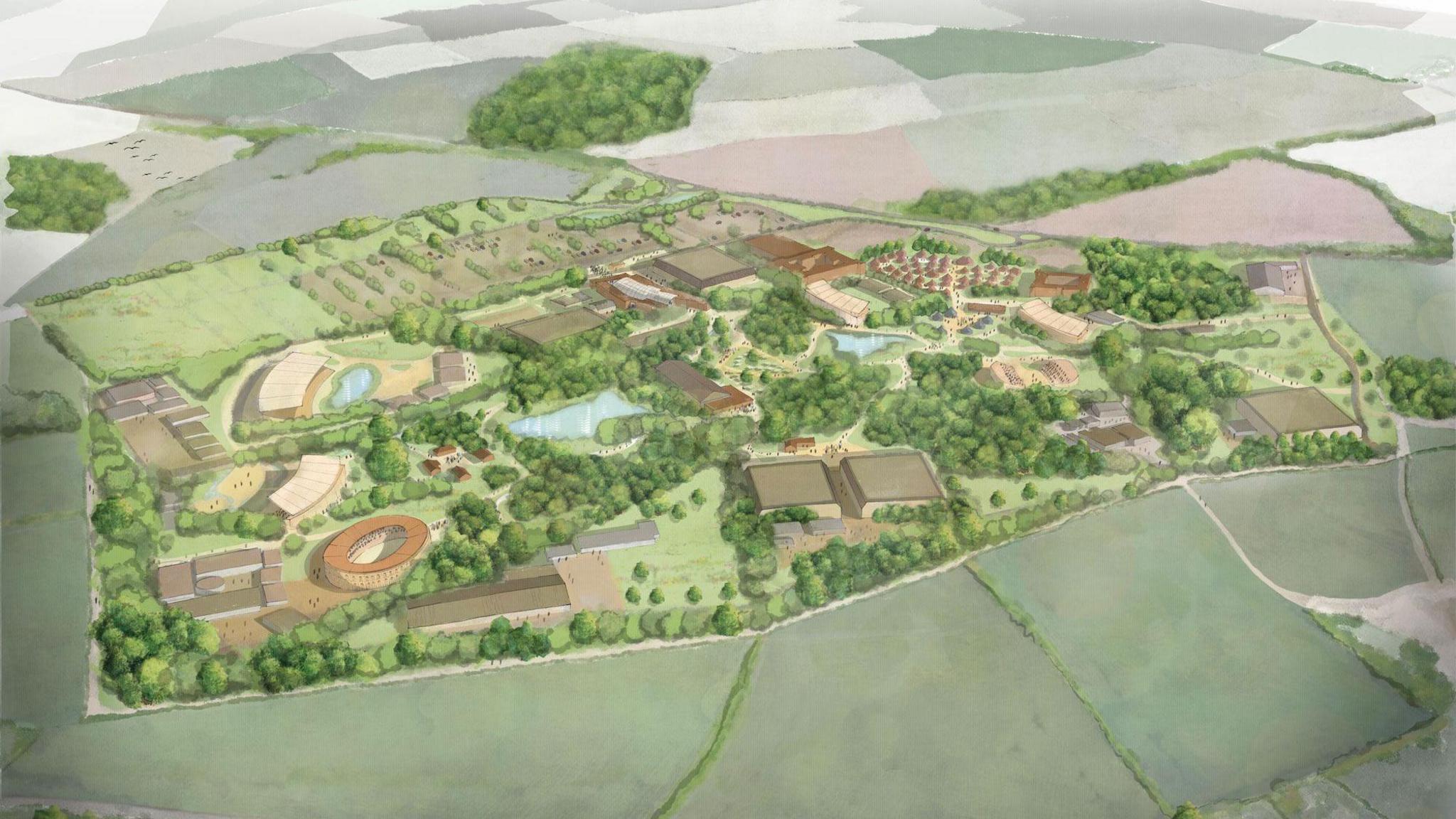 An artists mockup of the proposed theme park. It is a large green site with various large buildings nestled among trees and water.