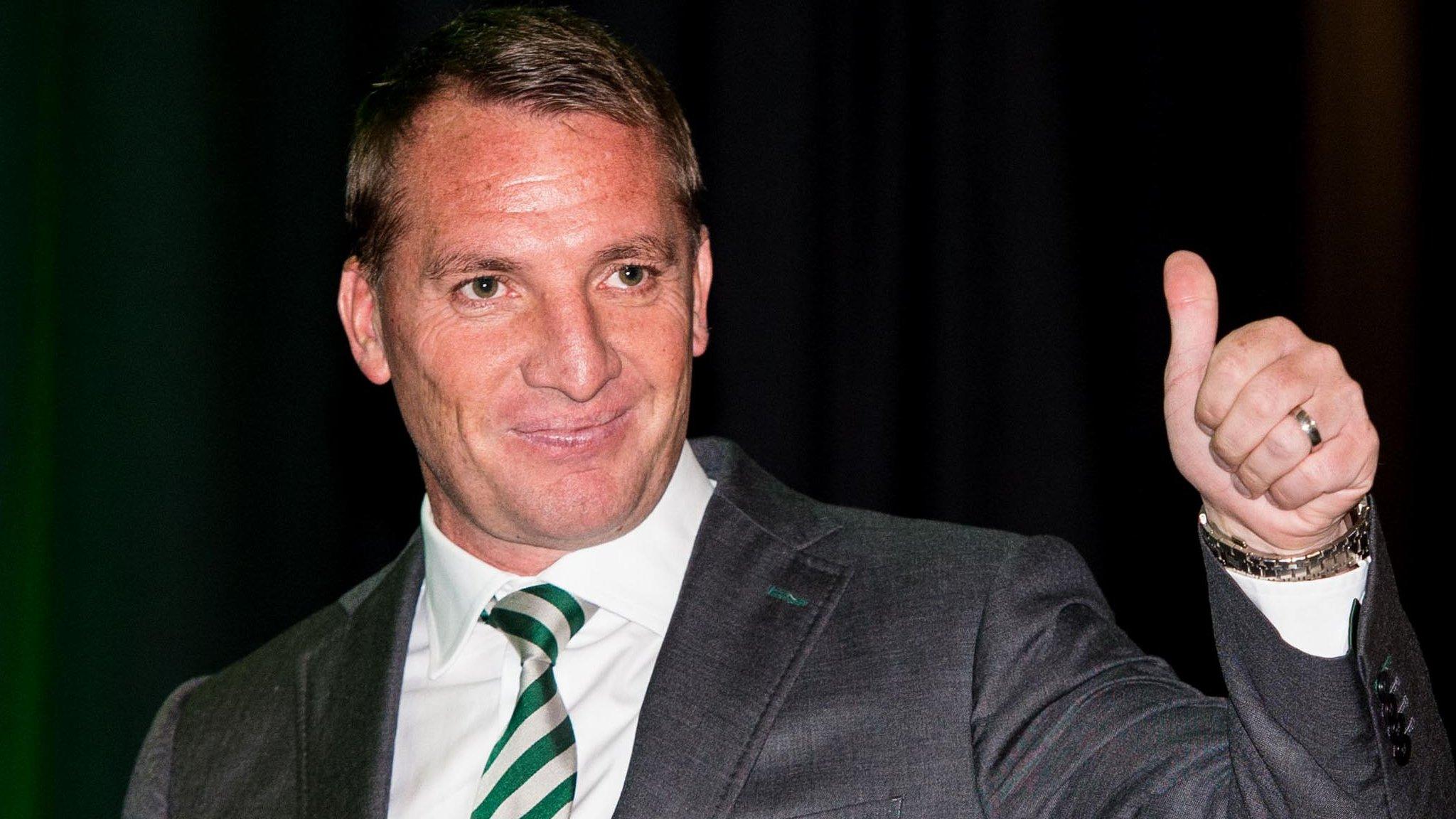 Brendan Rodgers gives a thumbs-up as he leaves the Celtic AGM