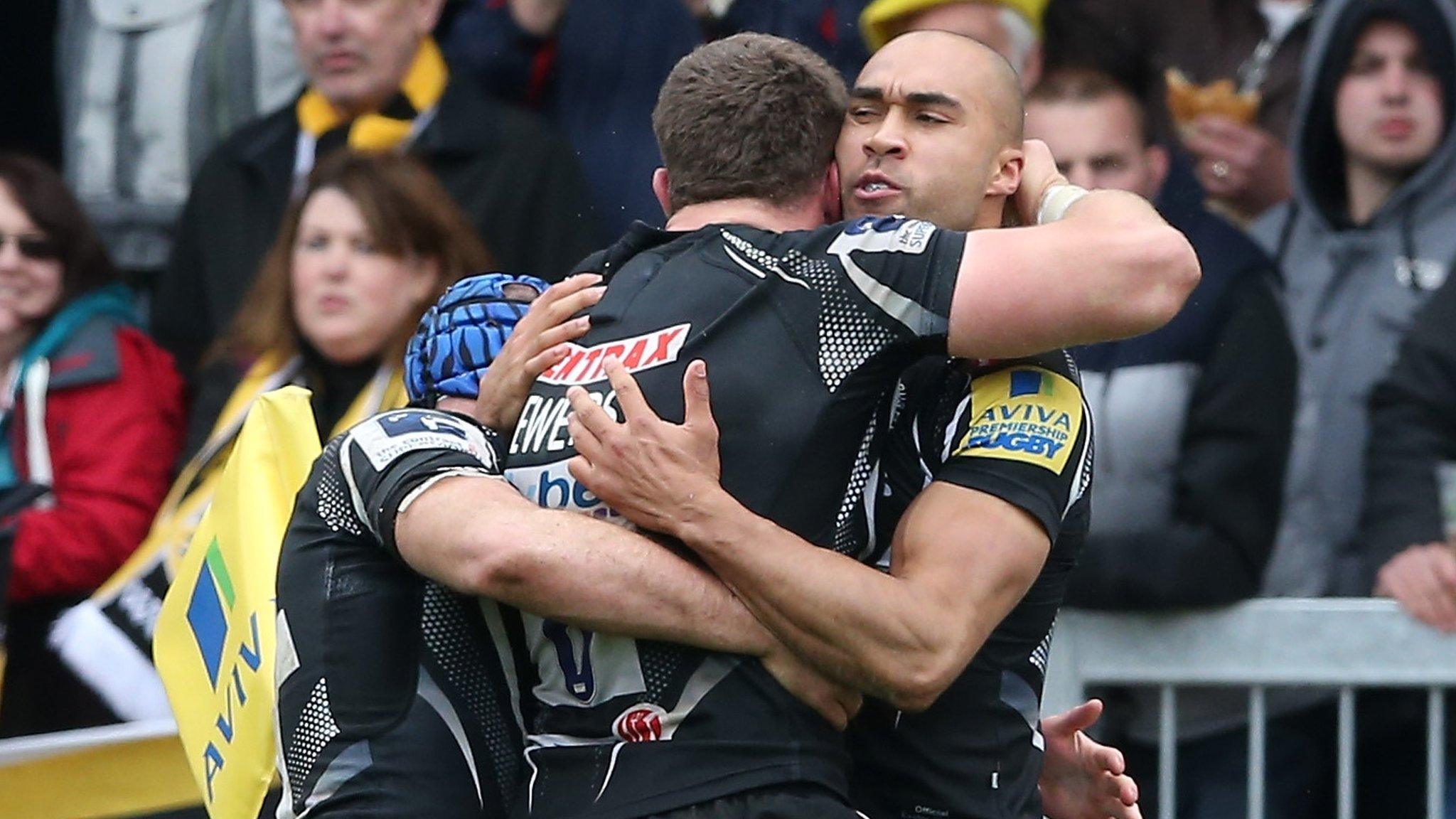 Exeter winger Olly Woodburn is congratulated after scoring the only try of the first half against Wasps at Sandy Park