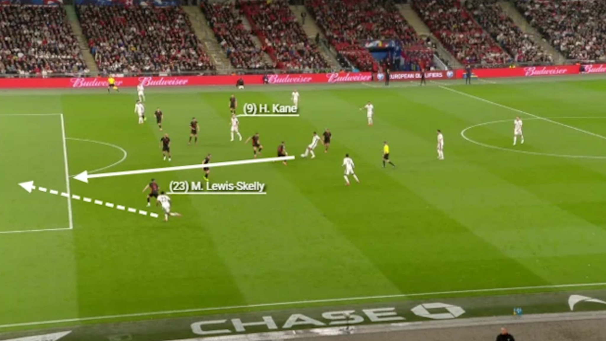 Screengrab from an England game under Thomas Tuchel in which Miles Lewis Skelly is annotated, shown running in behind from out-wide to in-field before scoring.