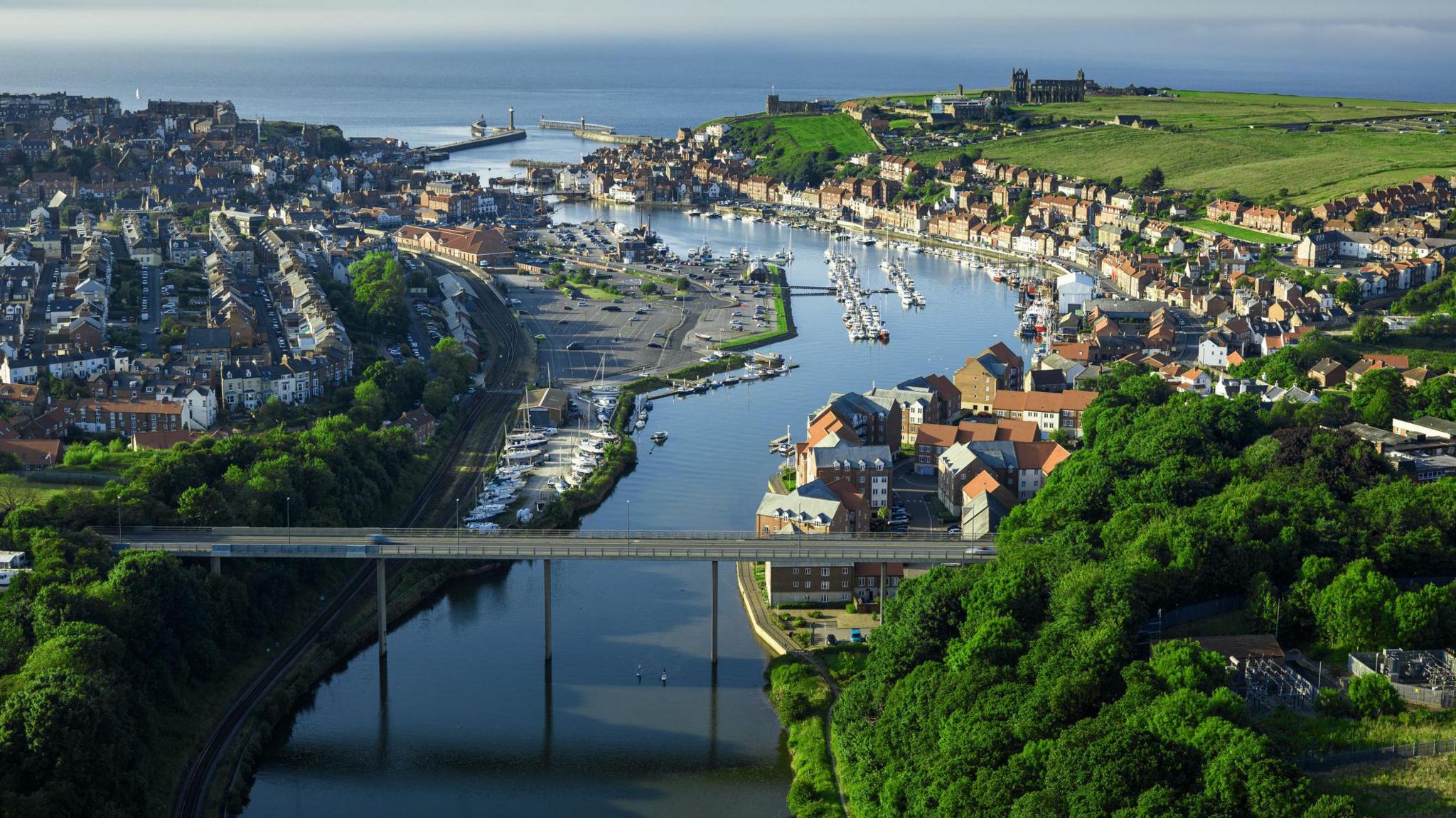 An aerial shot of Whitby, looking towards the sea.