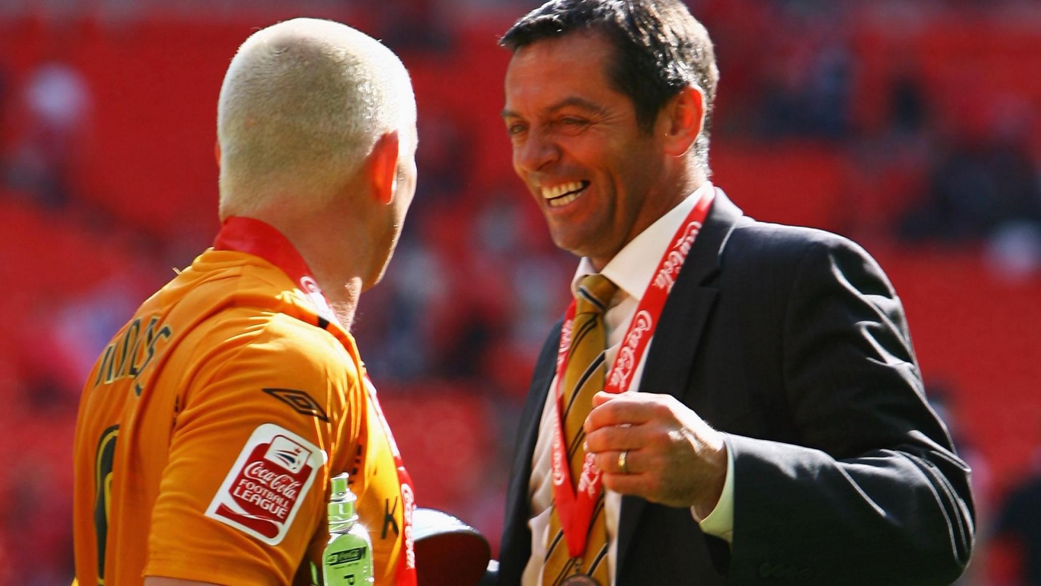 Dean Windass (left) and Phil Brown celebrate after Hull's promotion to the Premier League in 2008