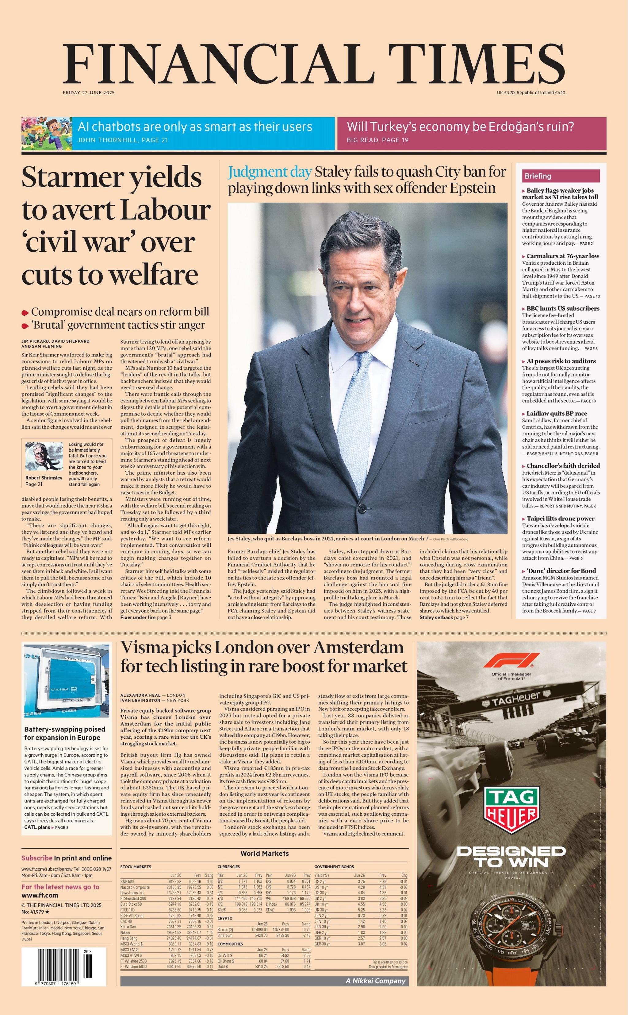 "Starmer yields to avert Labour 'civil war' over cuts to welfare" reads the headline on the front page of the Financial Times.