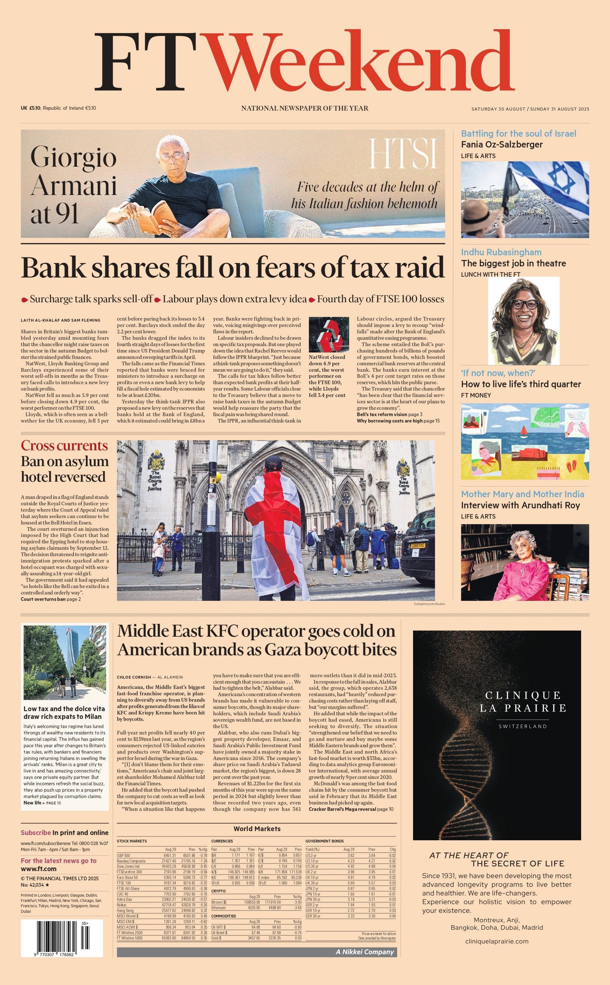 The headline on the front page of the Financial Times reads: "Bank shares fall on fears of tax raid".
