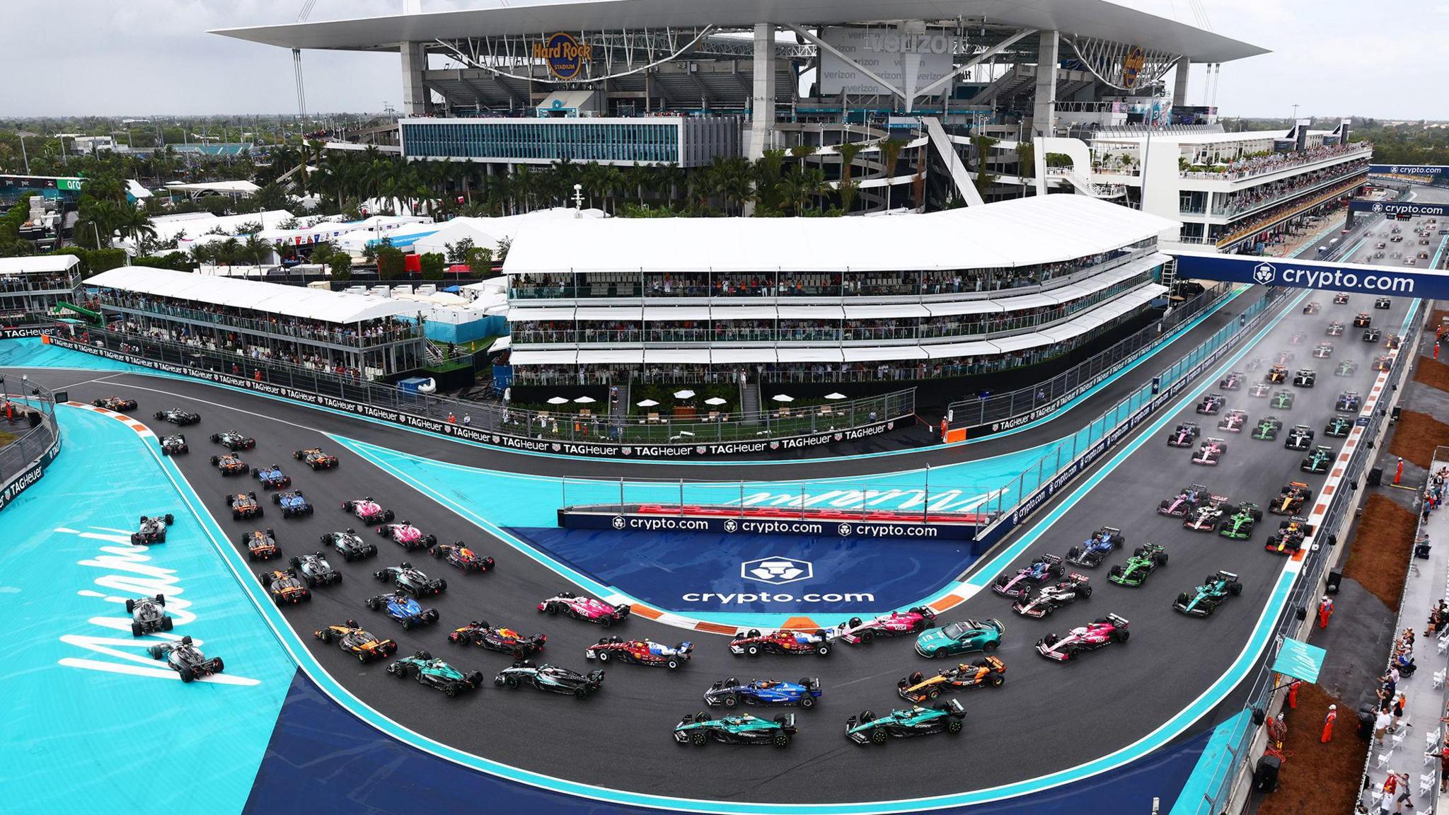 A digital composite of multiple moments during the F1 Grand Prix in Miami, captured from a fixed camera