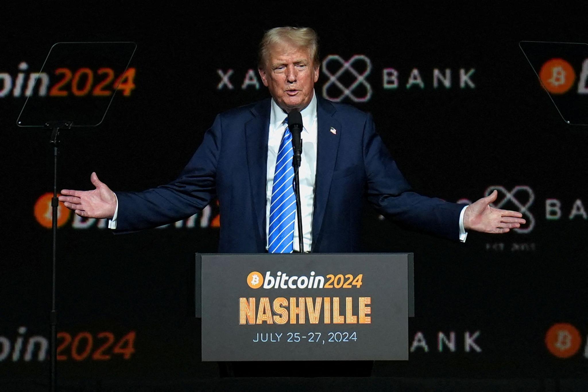 Republican presidential nominee and former U.S. President Donald Trump gestures at the Bitcoin 2024 event in Nashville, Tennessee, U.S., July 27, 2024.