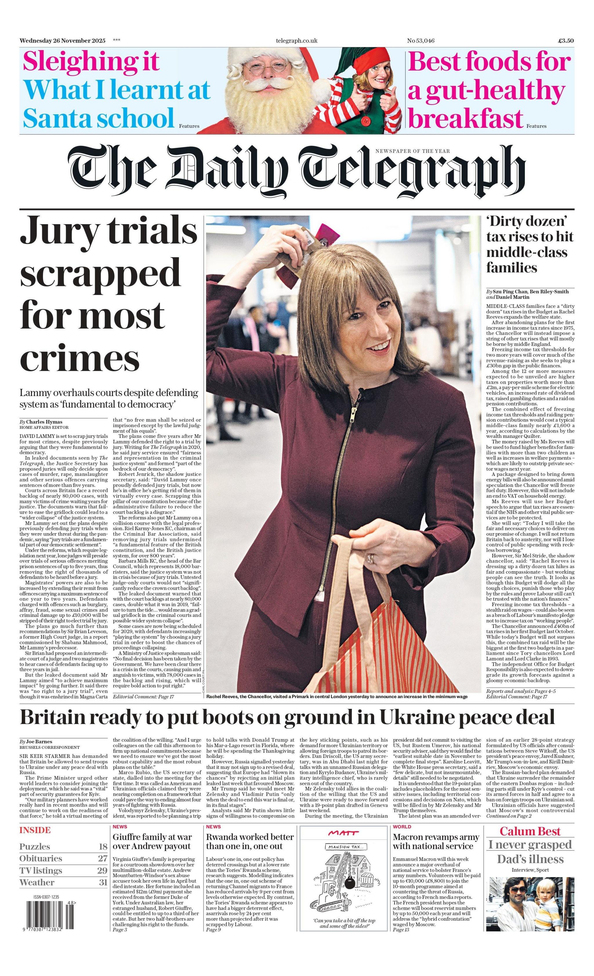 "Jury trials scrapped for most crimes," reads the headline on the front page of the Daily Telegraph.