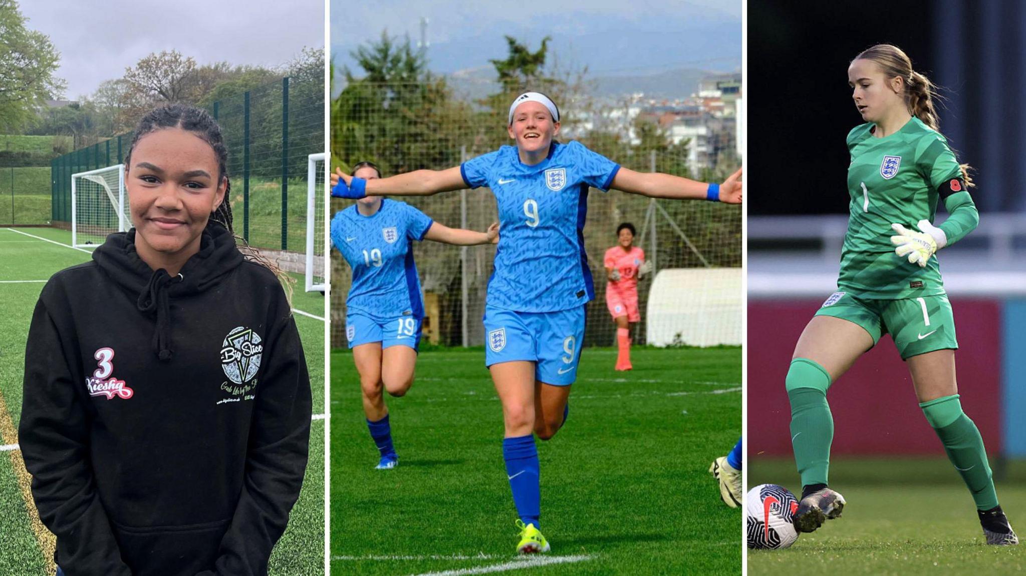 Three photos of girls on football pitches: Kiesha, 14, stands on a football pitch wearing a goodie. Issi, 15, has her arms outstretched celebrating a goal for England under-16s. Freya, 15, wearing an England goalkeeper's shirt controls a football with her right foot.