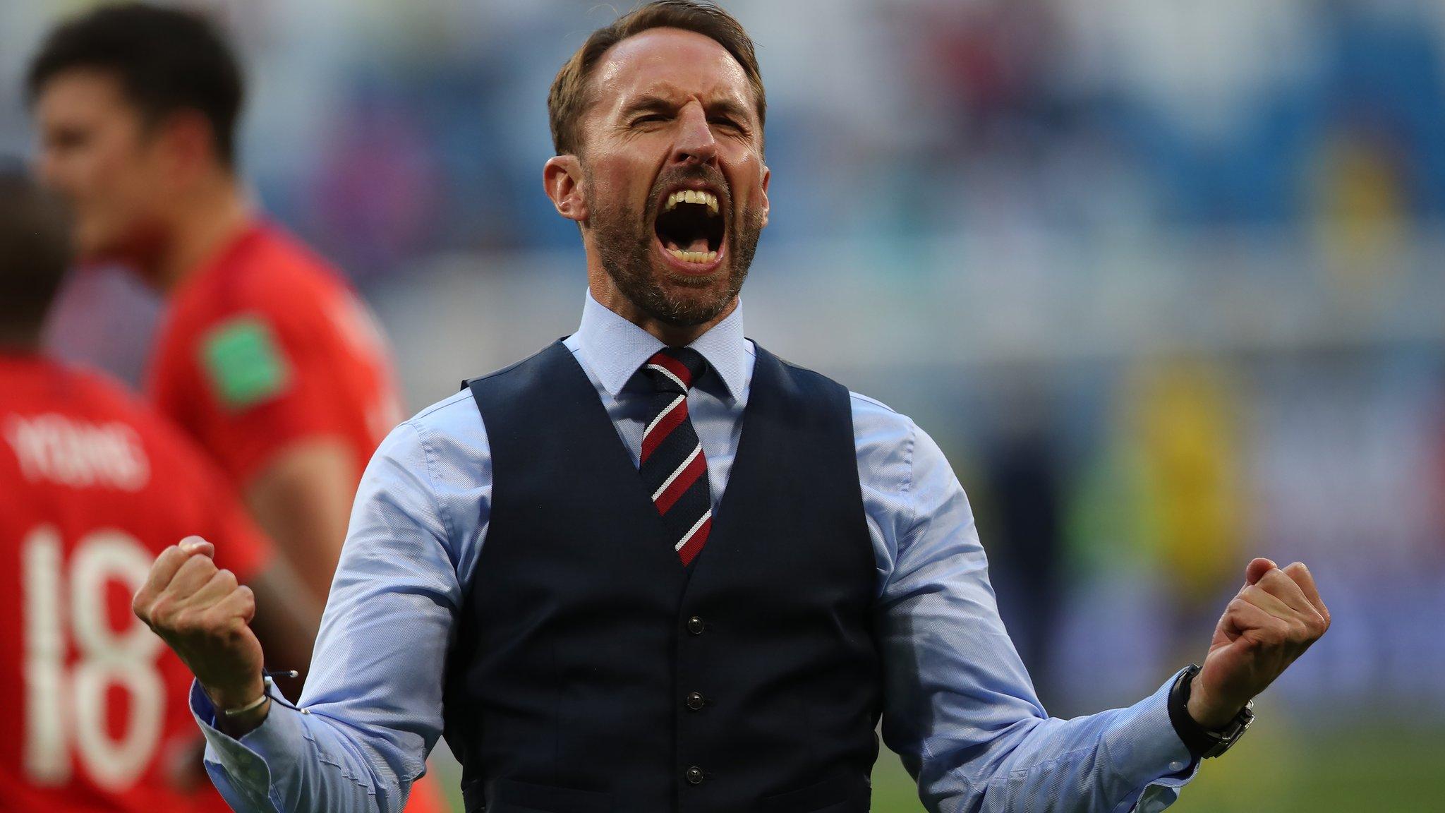 England manager Gareth Southgate celebrates the quarter-final win over Sweden