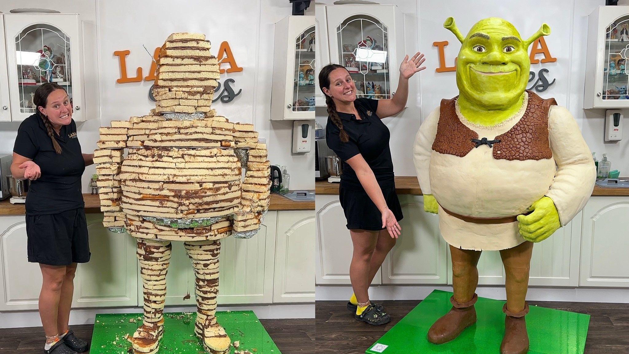 Two photos side by side showing the before and after of the Shrek cake. On the left is the sculpture without decoration, showing layers of vanilla cake with chocolate between the layers. On the right is the completed Shrek sculpture, looking just like the film character. A woman with brown hair in a plait wearing a black shirt and shorts stands next to the statue in each photo.