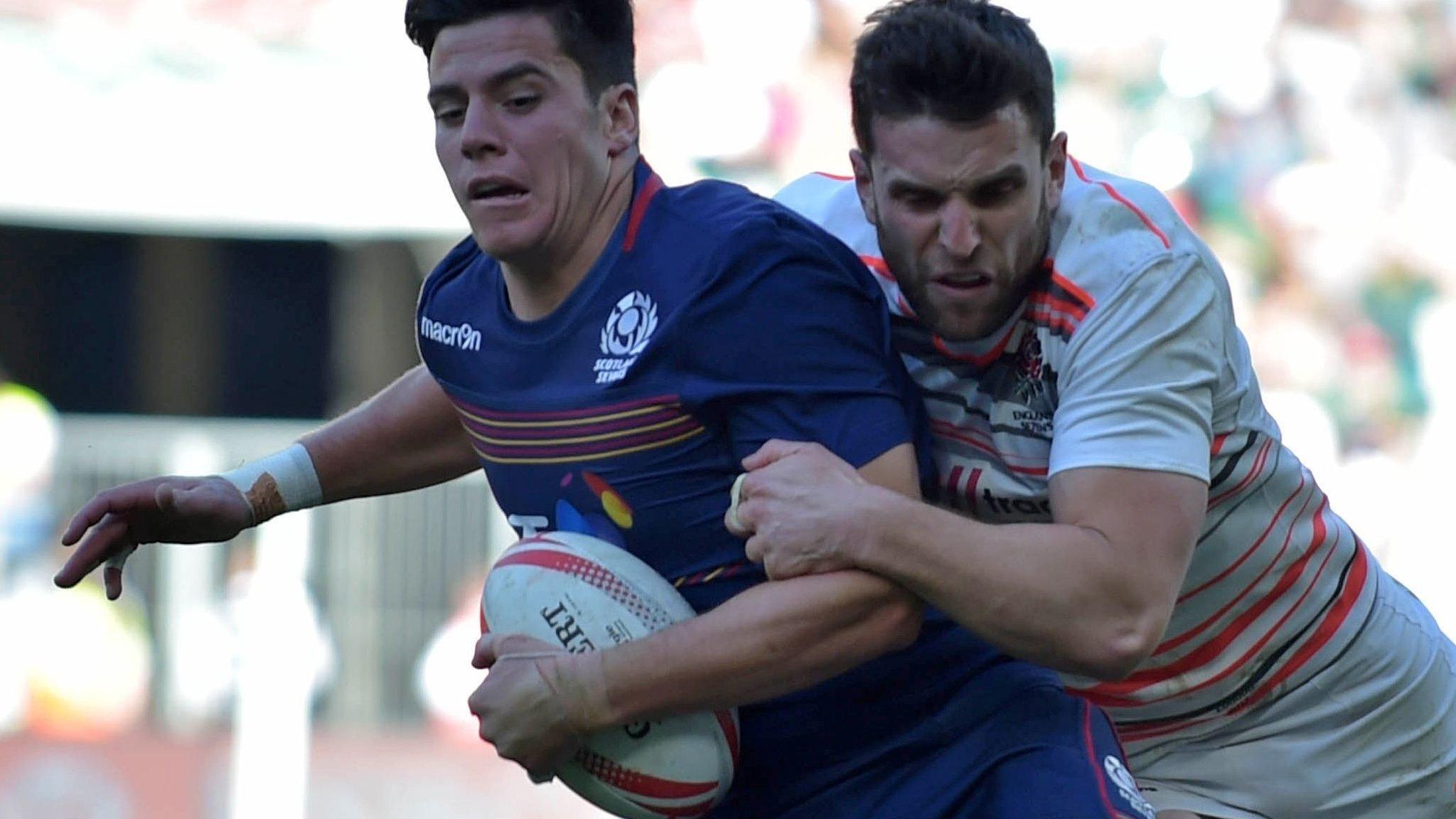 Scotland's Hugh Blake tackled during the World Rugby Sevens Series