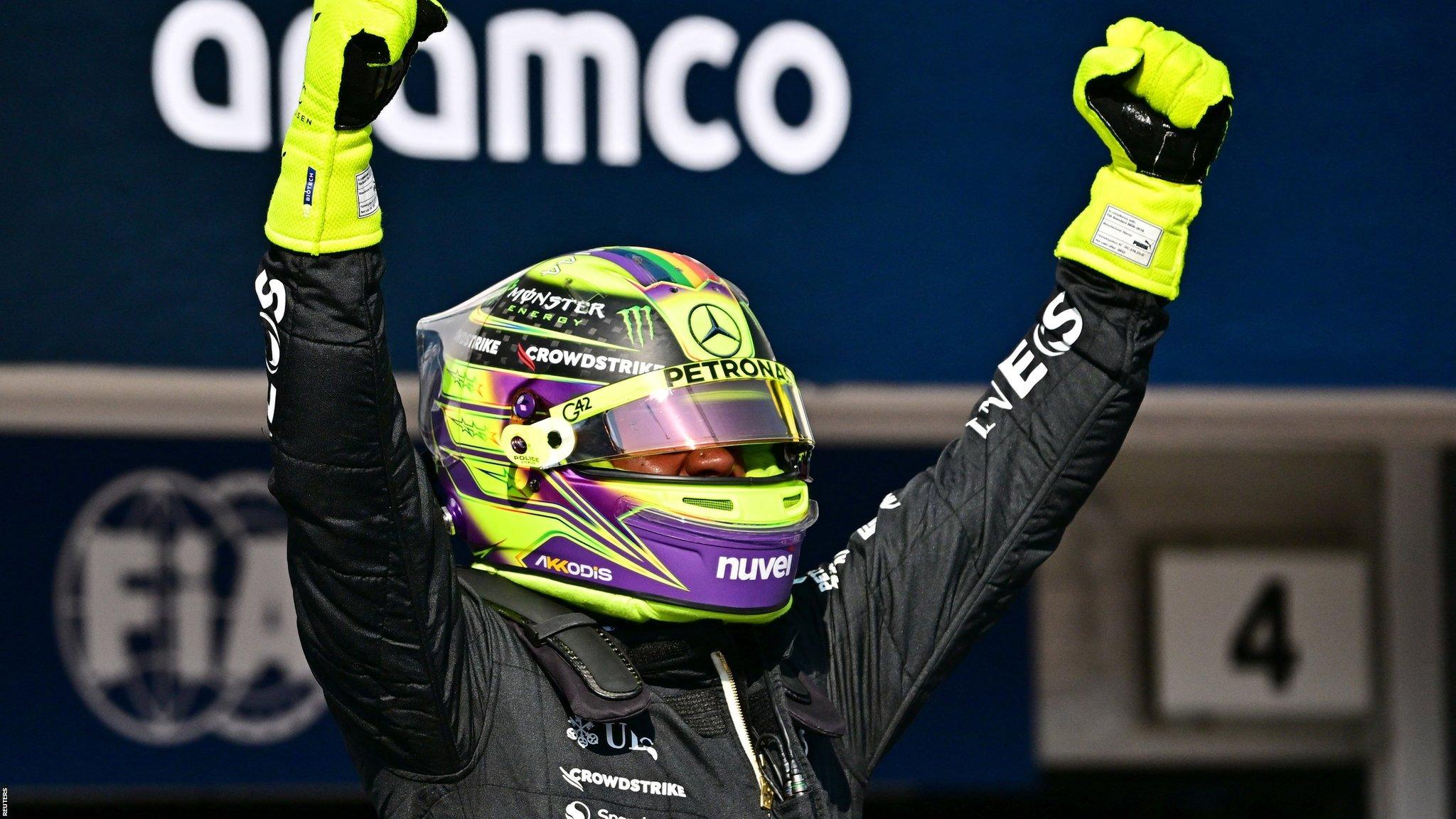 Lewis Hamilton celebrates his pole position for the Hungarian Grand Prix