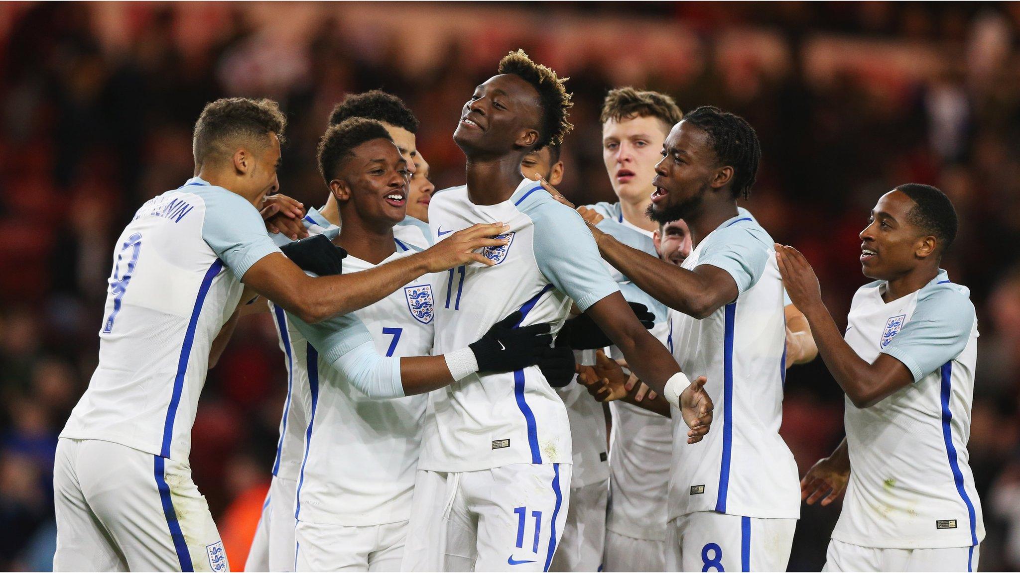 England U21s celebrate Tammy Abraham's goal against Scotland U21s