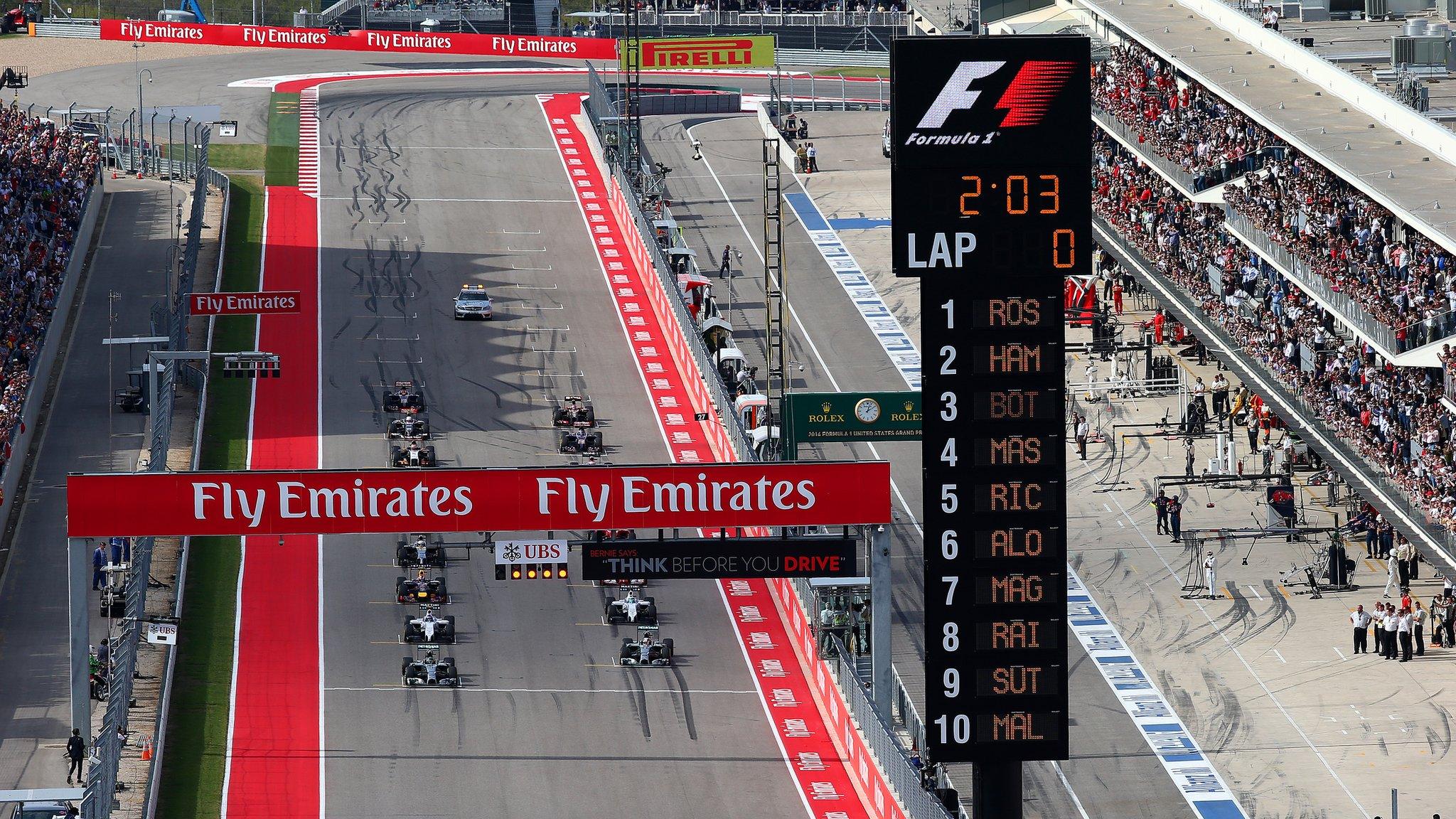 F1 cars line up on the grid for the USA Grand Prix in Austin in October 2015