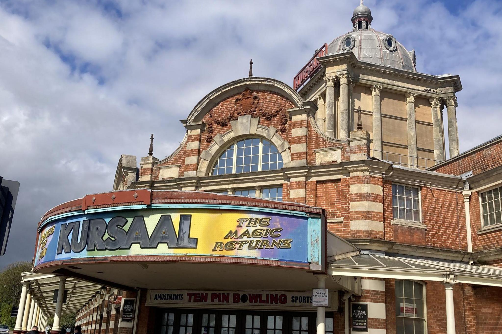 Signage for The Kursaal over the entrance to the building