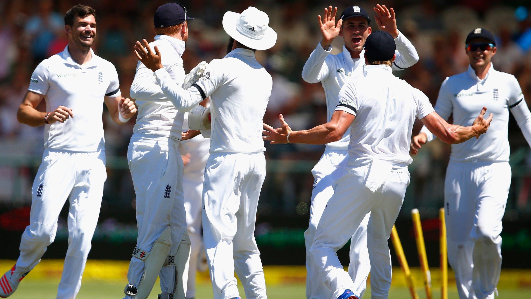 England celebrate taking their first wicket of the innings