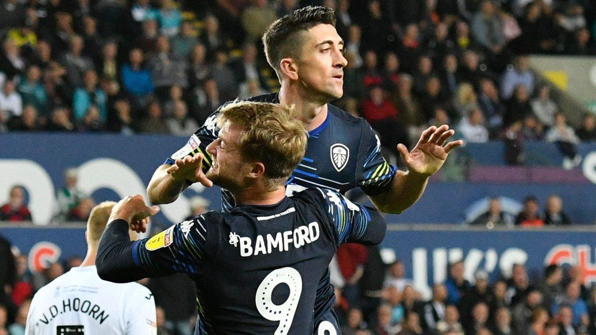 Leeds midfielder Pablo Hernandez is congratulated after equalising at Swansea