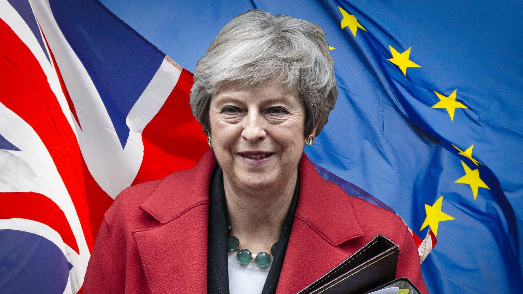 Theresa May in front of EU and UK flags.