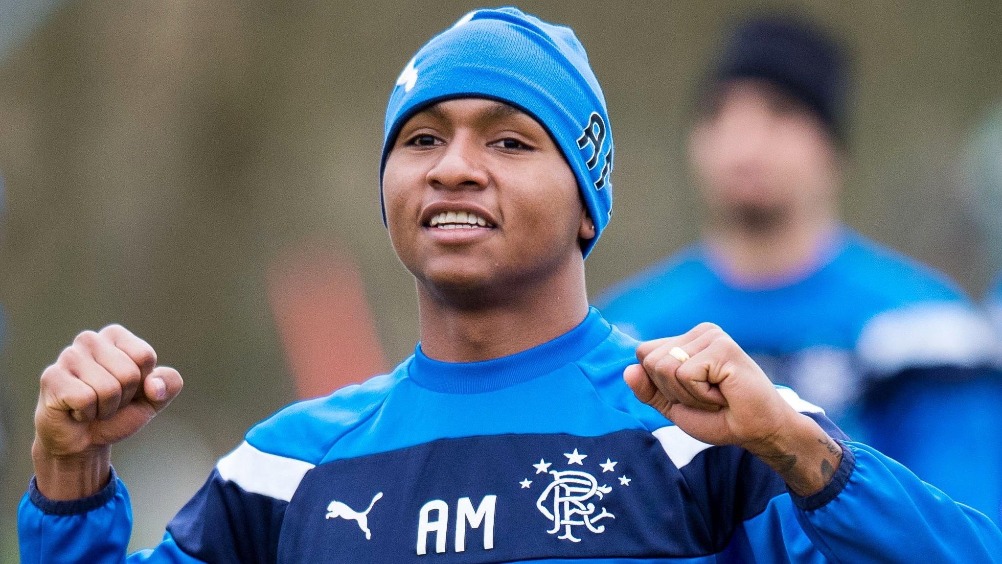 Rangers striker Alfredo Morelos celebrates in training