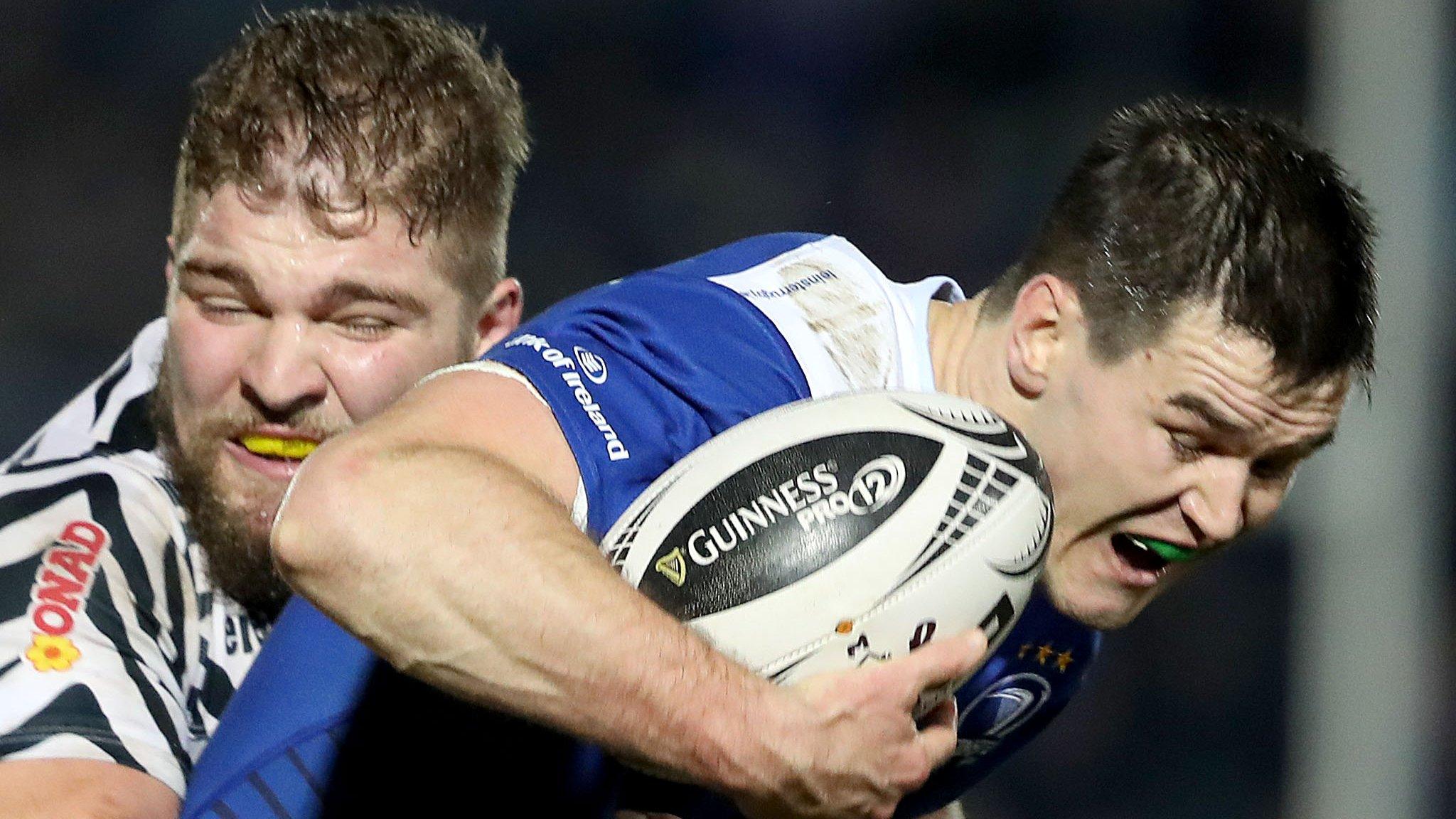 Johnny Sexton is tackled by Zebre's Pietro Ceccarelli in the Pro12 game in Dublin