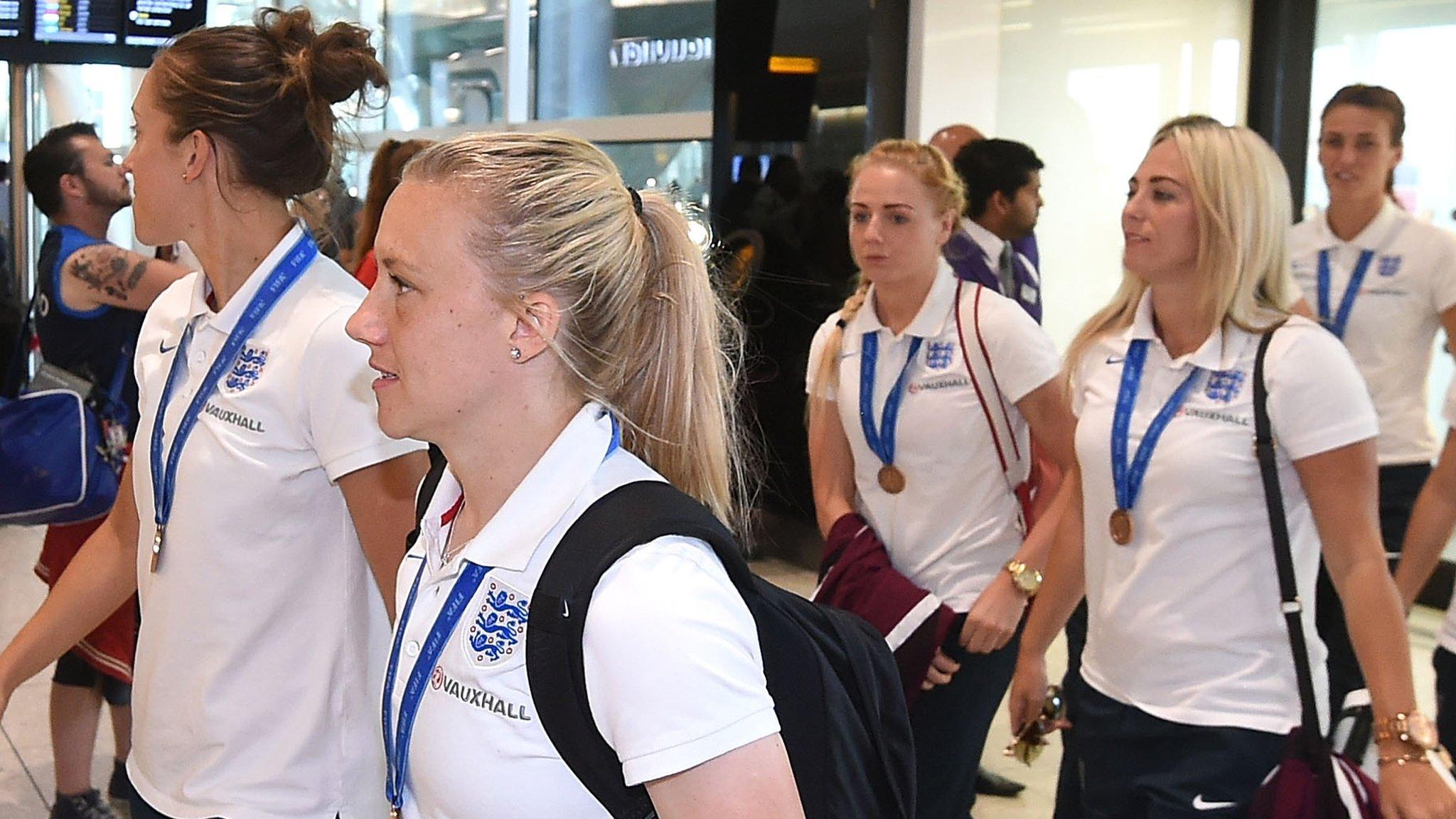 England women arrive at Heathrow