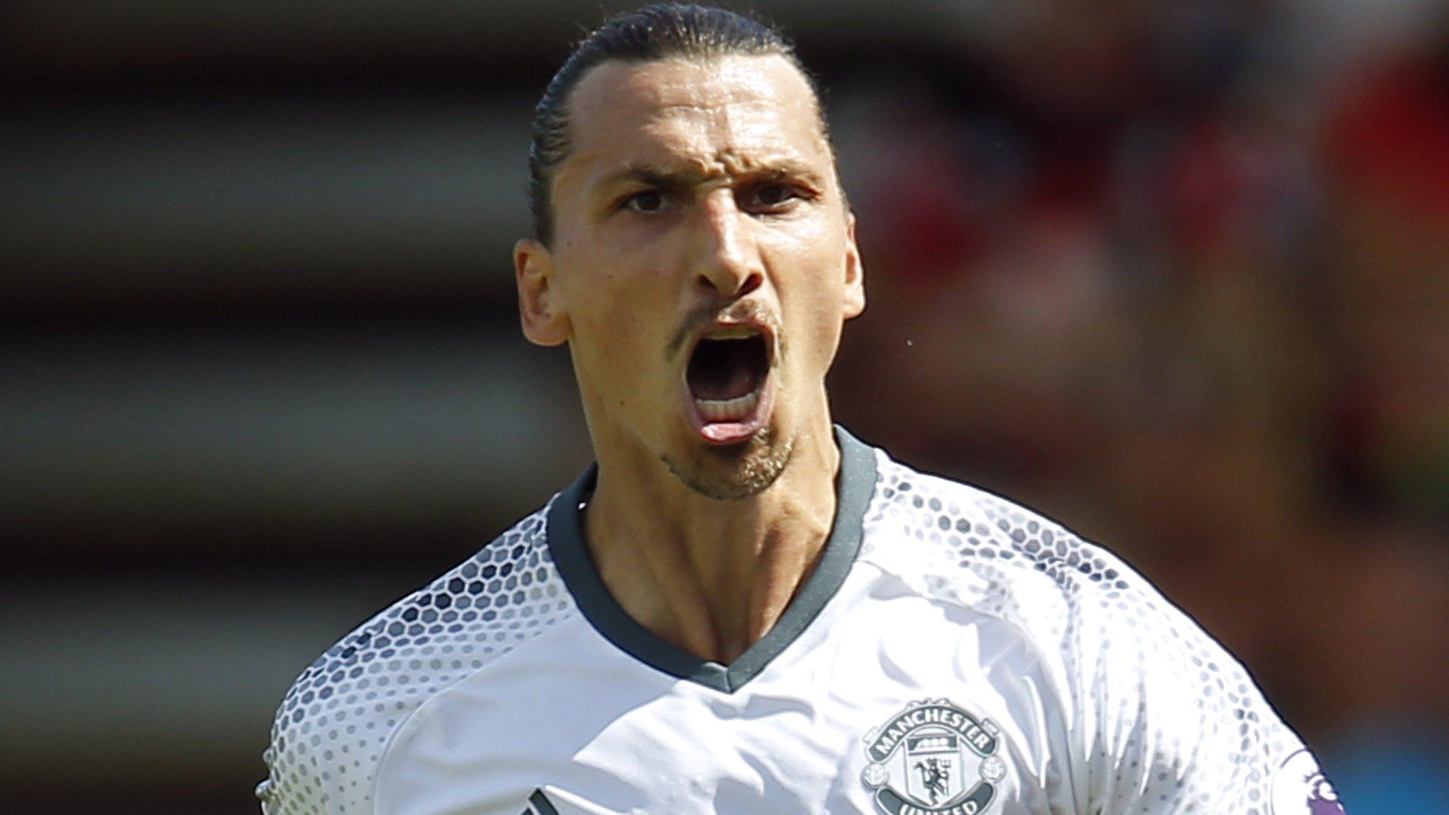 Zlatan Ibrahimovic celebrates scoring for Manchester United on his Premier League debut against Bournemouth