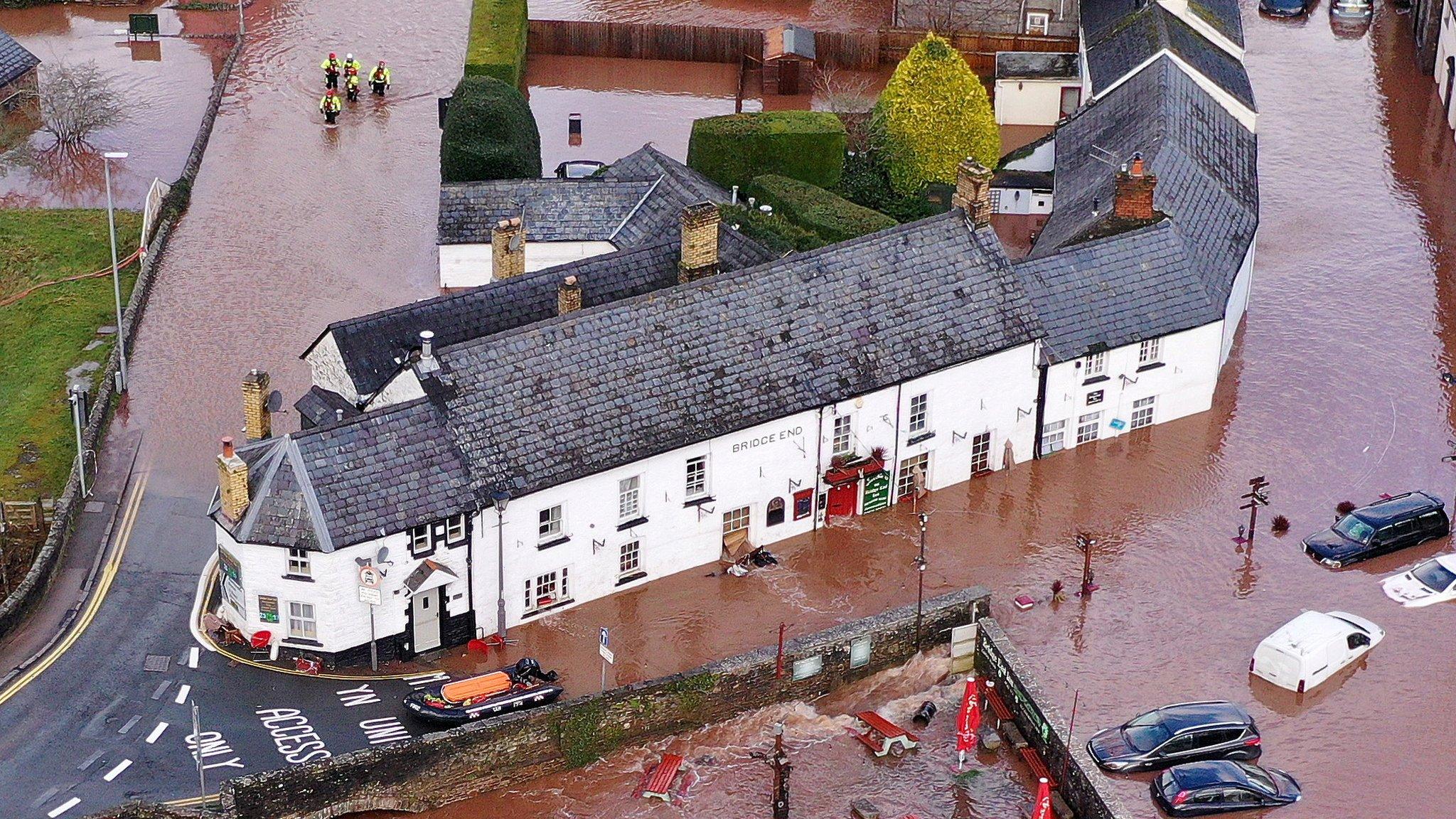 Crickhowell, Powys, under water during Storm Dennis, February 2020