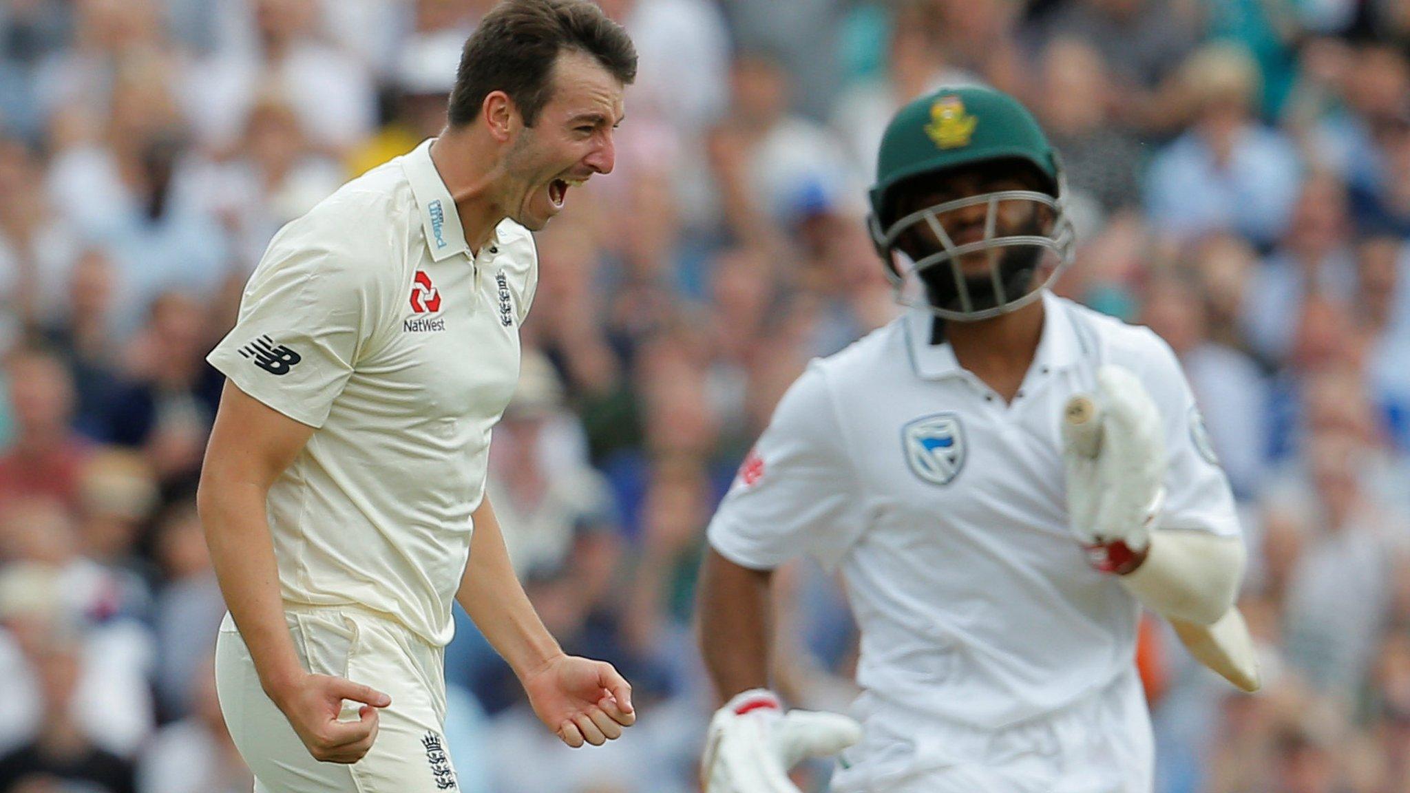 Toby Roland-Jones celebrates his five-wicket haul